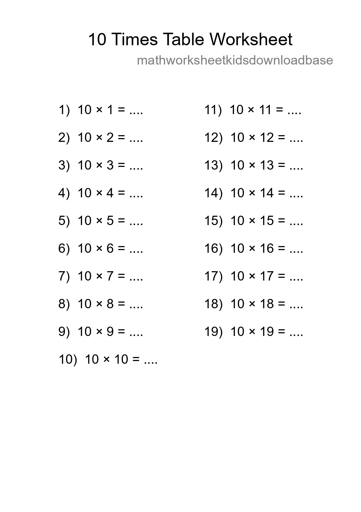 10 Times Table Worksheet For Grade 3 - Part 9