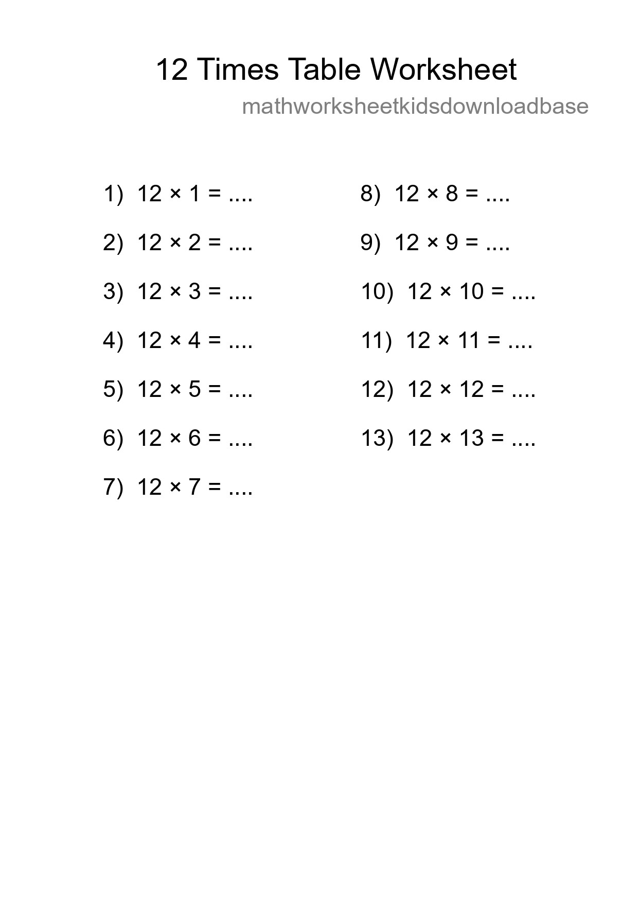 12 Times Table Worksheet For Grade 4 With Answers - Part 119
