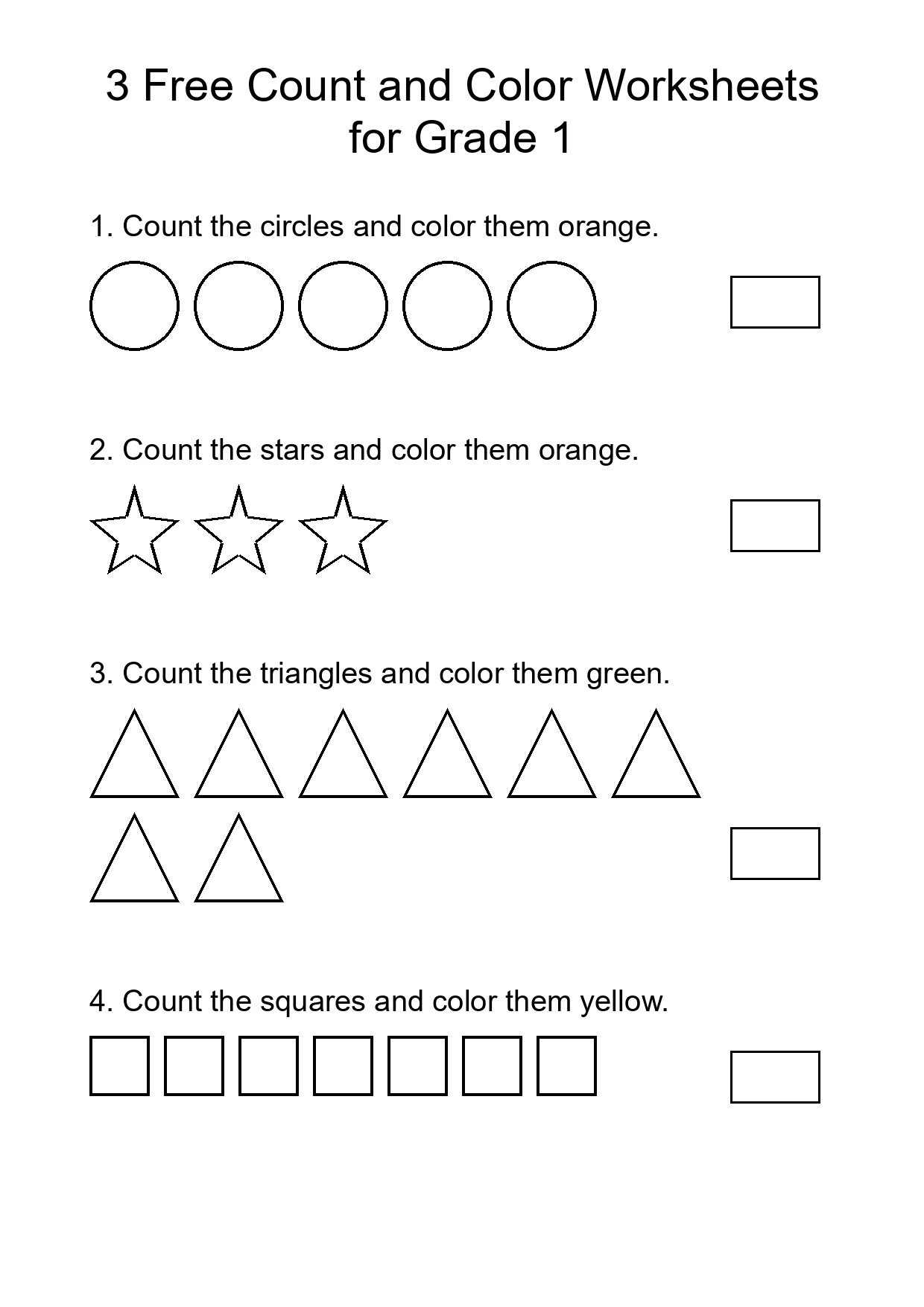 3 Free Count and Color Worksheets for Grade 1