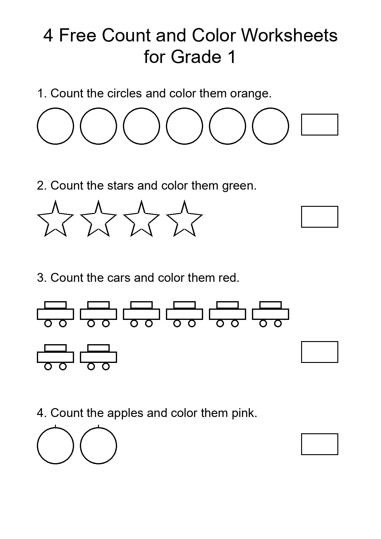 4 Free Count and Color Worksheets for Grade 1