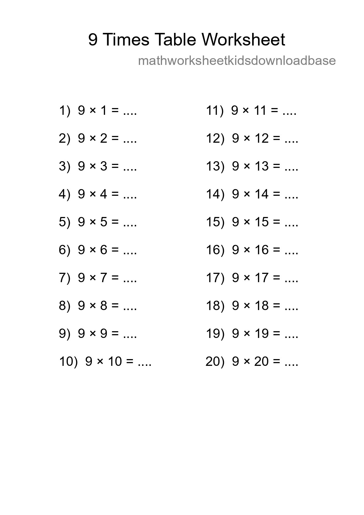 9 Times Table Worksheet For Grade 3 - Part 53