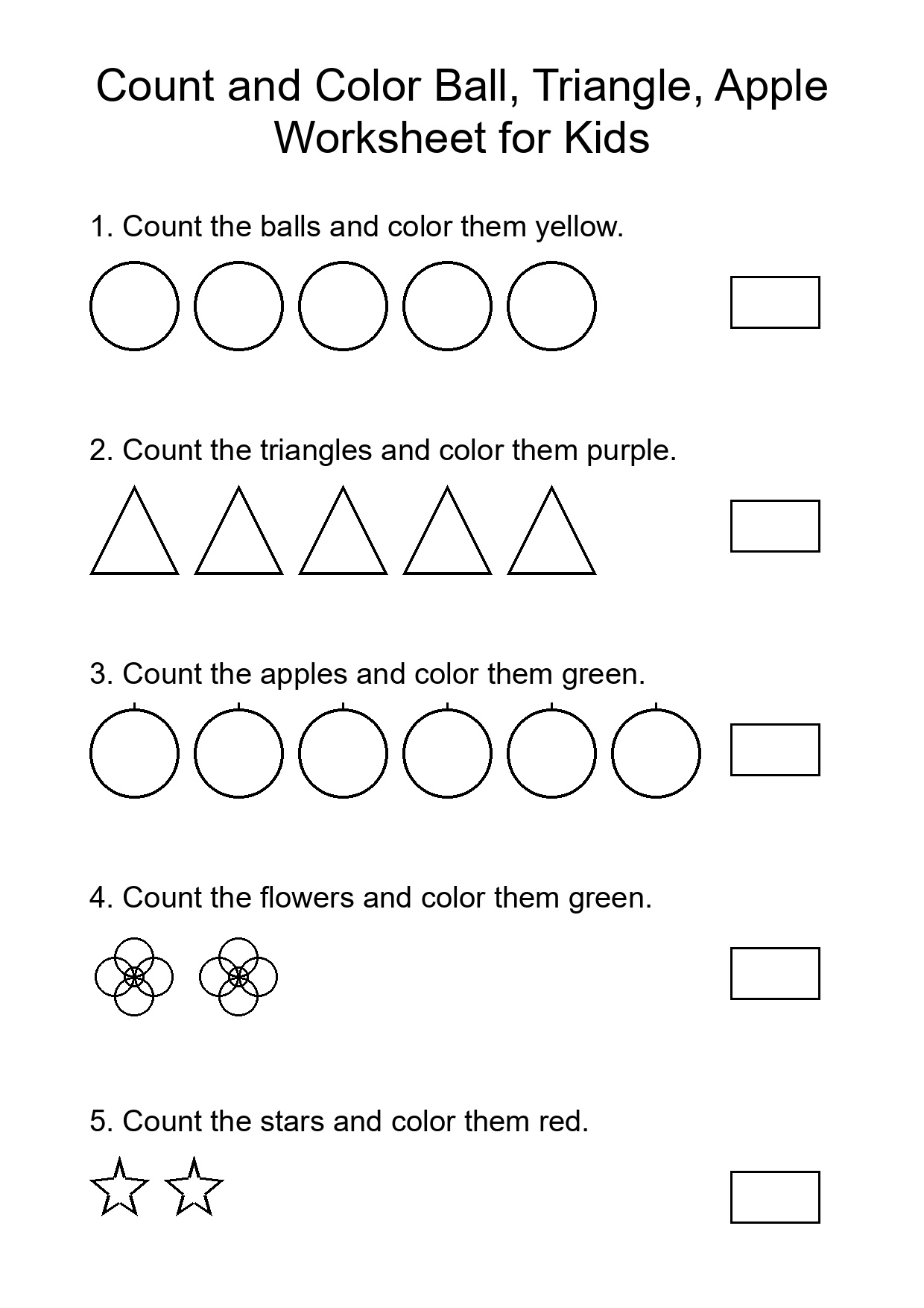 Count and Color Ball, Triangle, Apple Worksheet for Kids