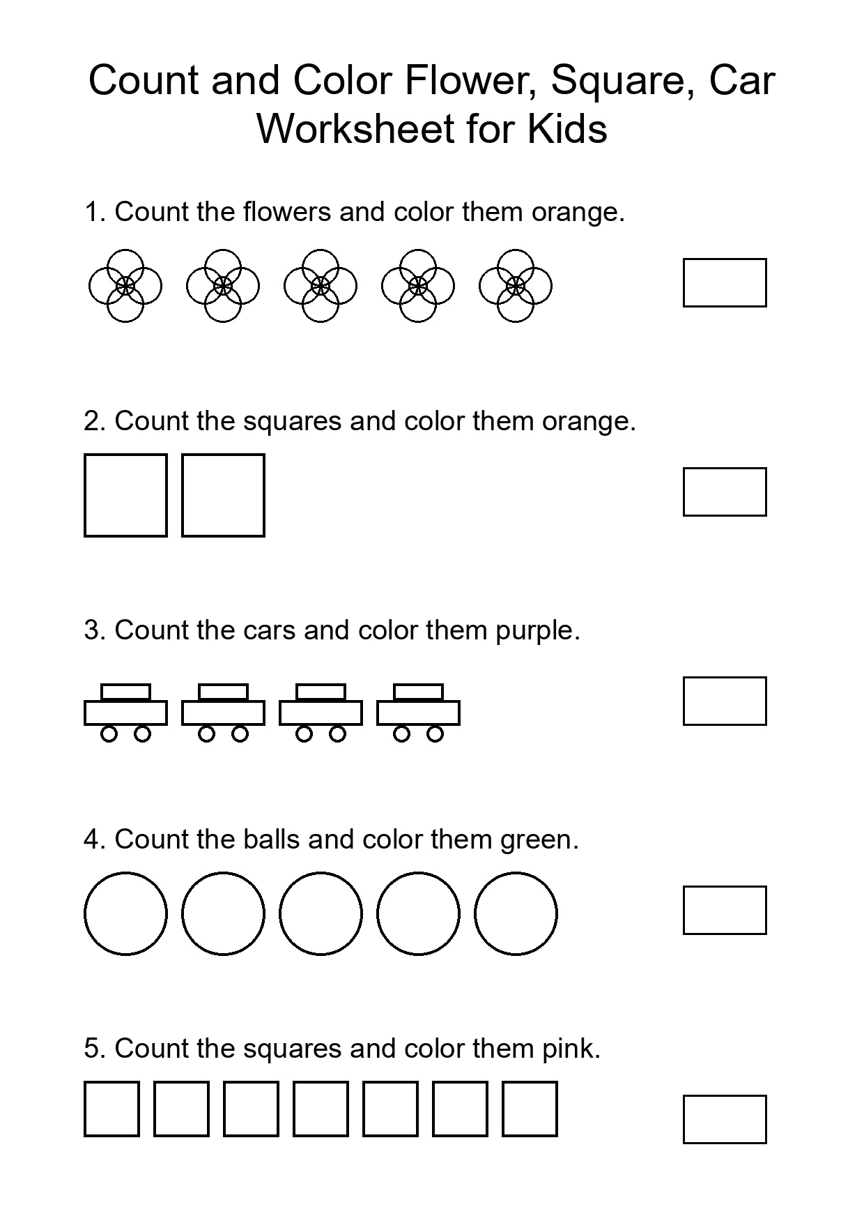 Count and Color Flower, Square, Car Worksheet for Kids