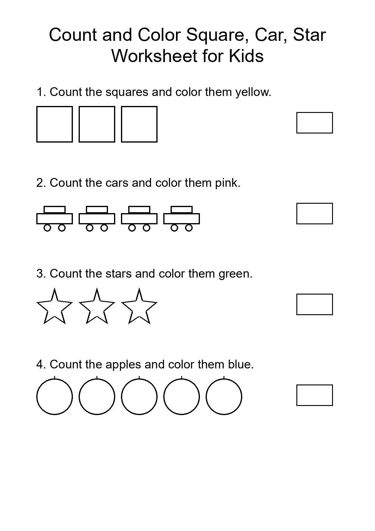 Count and Color Square, Car, Star Worksheet for Kids