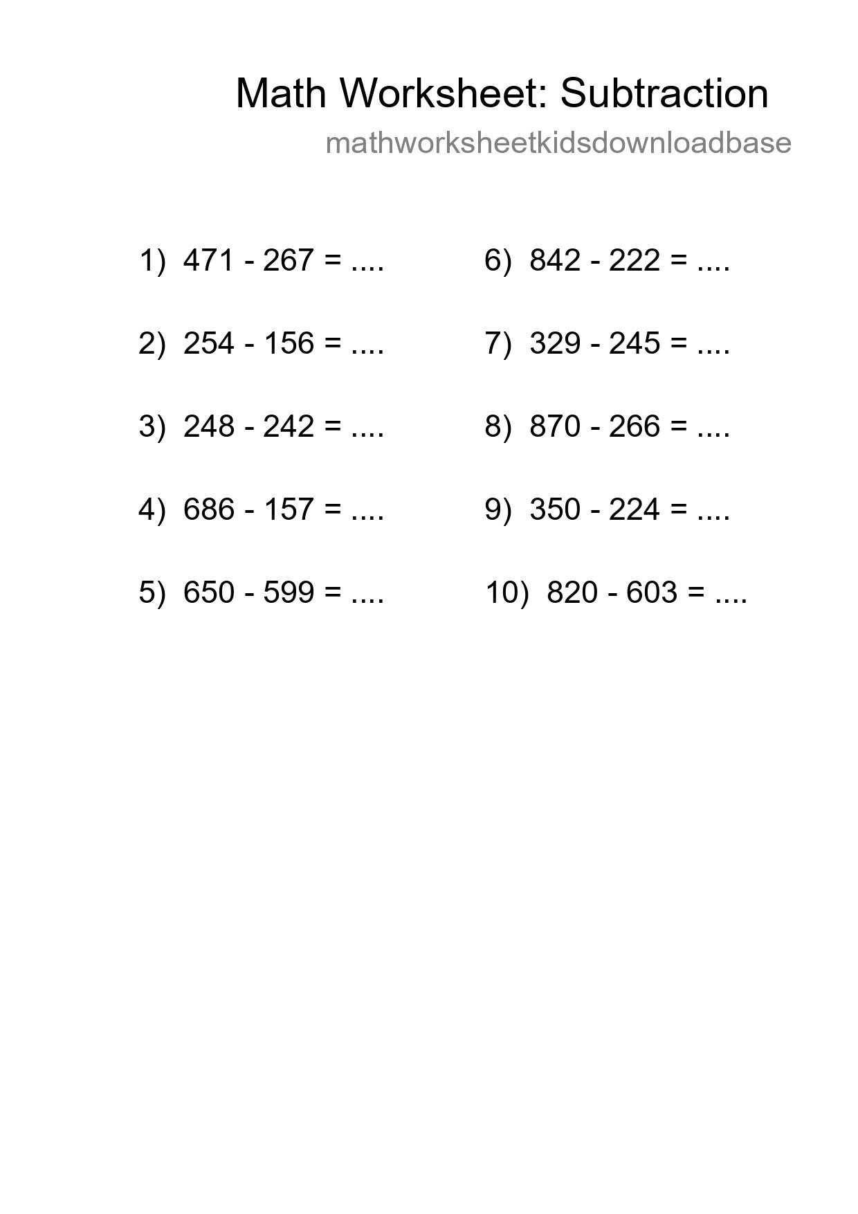 Free 10 Subtraction Math Worksheet For Grade 5 - Part 74