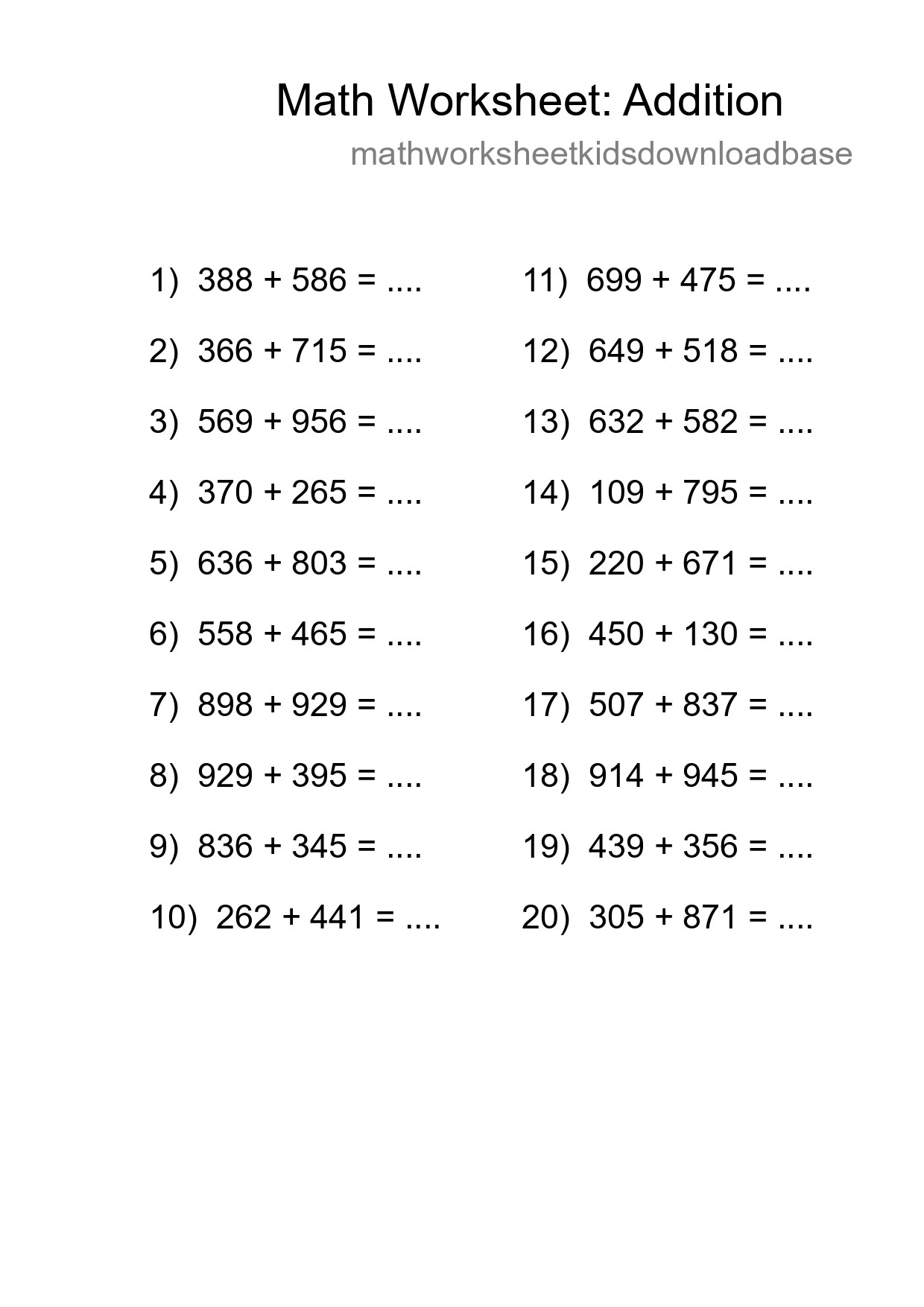 Free 20 Addition Math Worksheet For Grade 5 - Part 23
