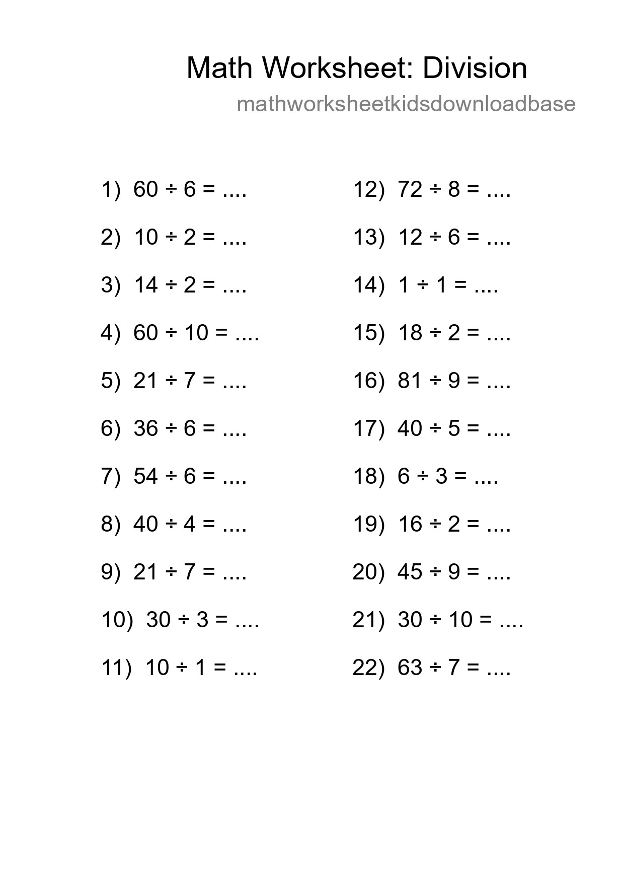 Free 22 Division Math Worksheet For Grade 1 With Answers - Part 70