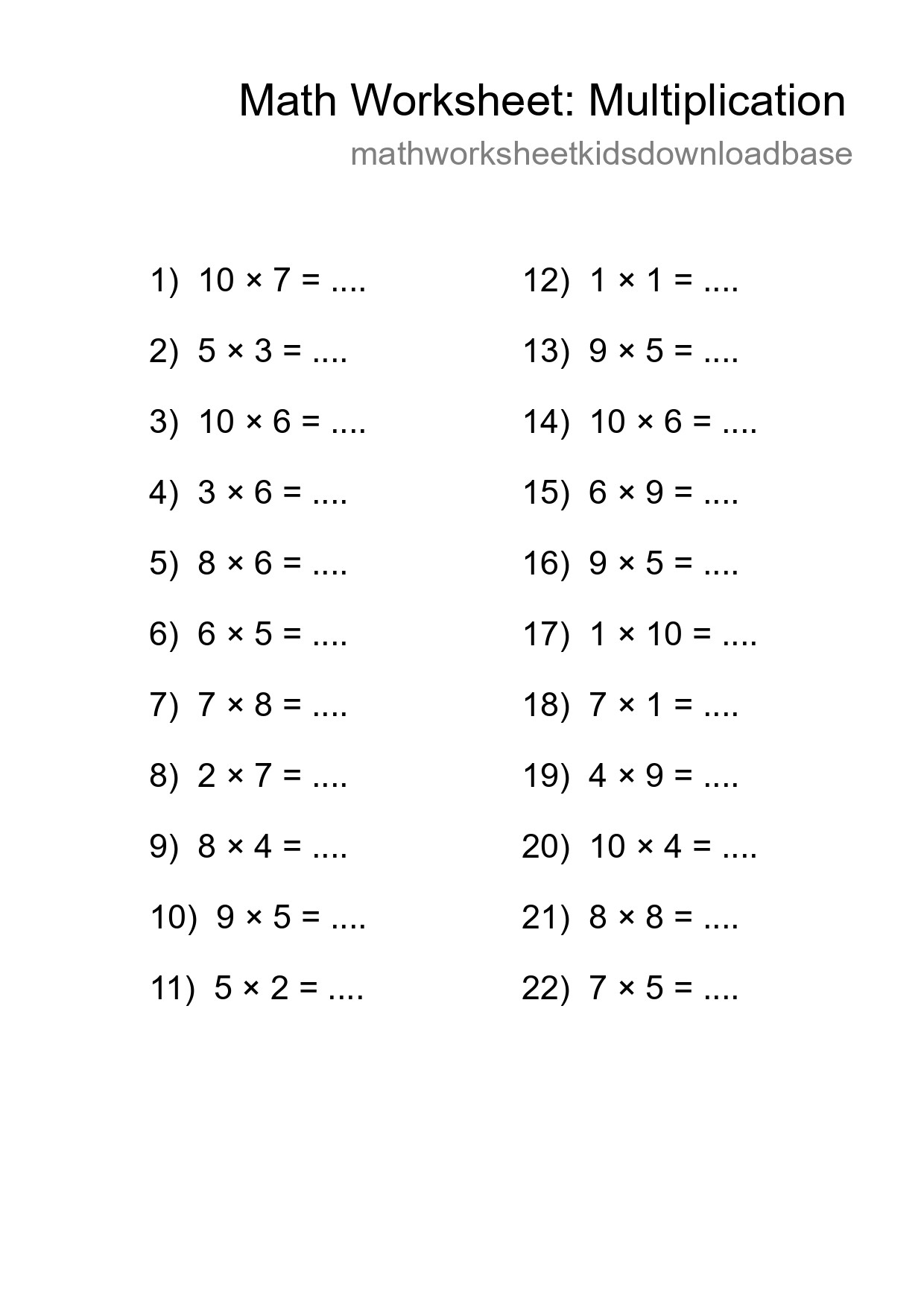 Free 22 Multiplication Math Worksheet For Grade 1 With Answers - Part 95