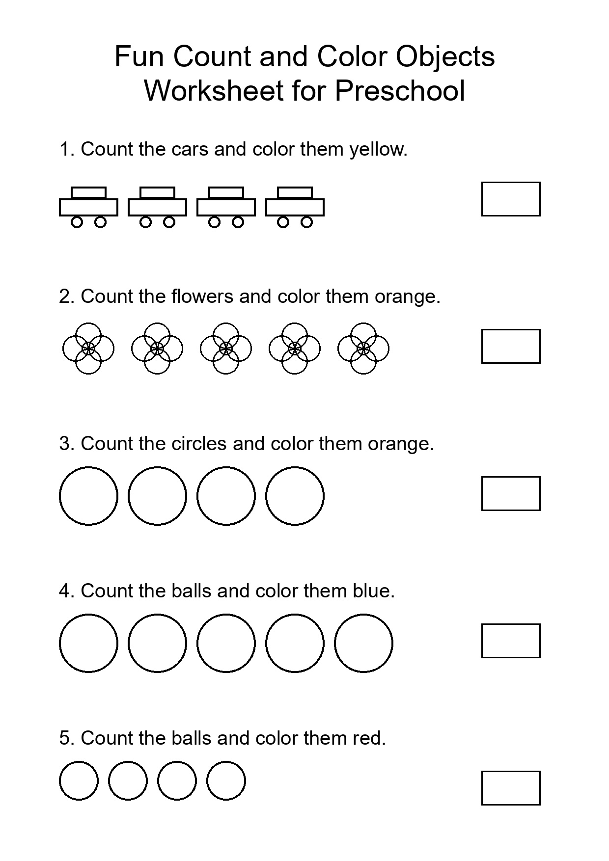 Fun Count and Color Objects Worksheet for Preschool