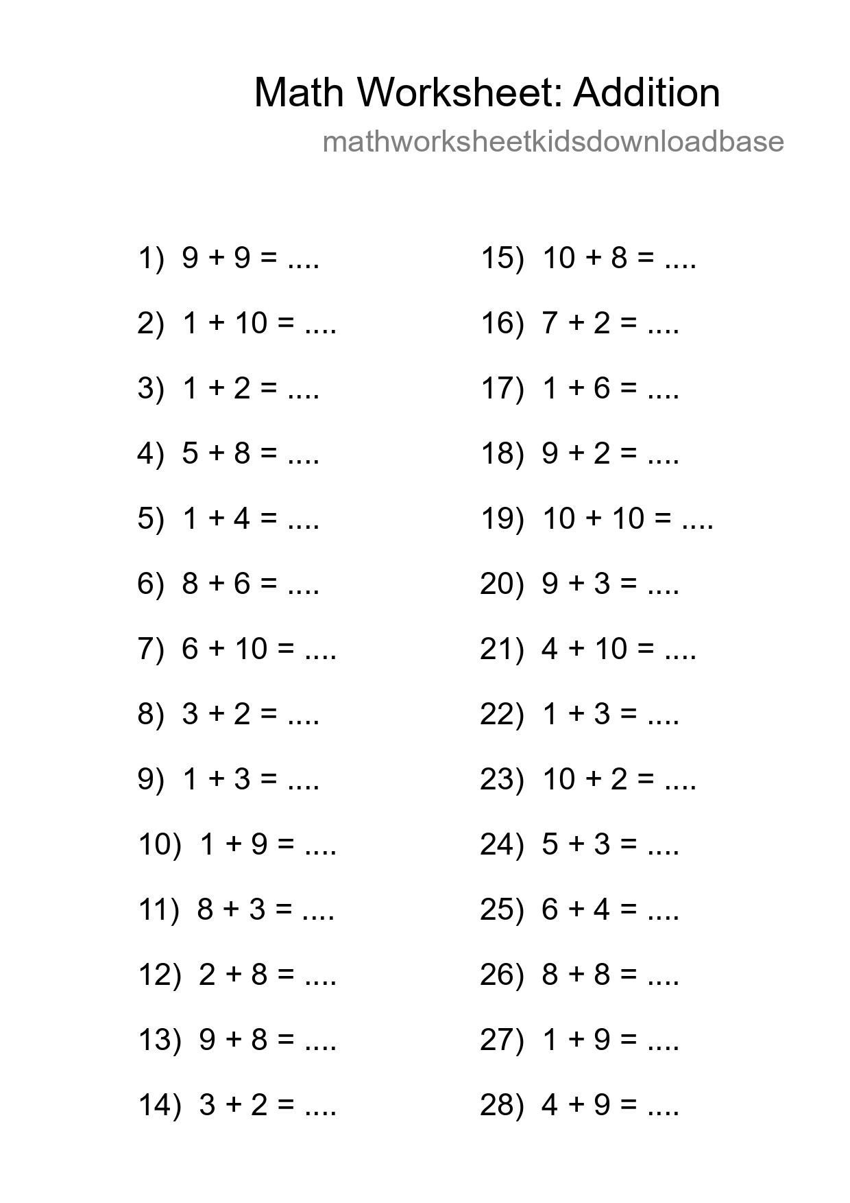 Grade 1 Addition Practice Worksheet (28 Problems) - Part 12