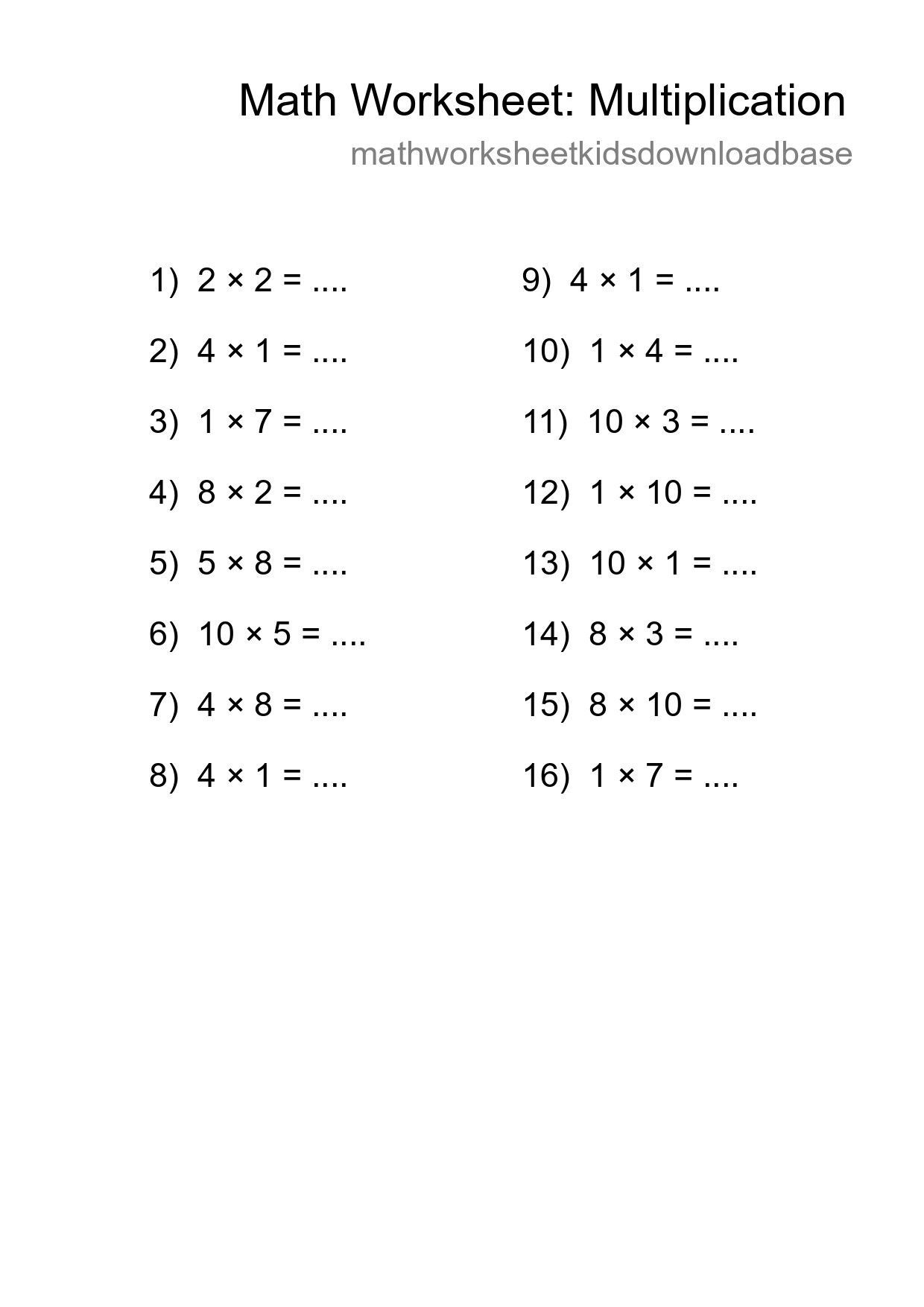 Grade 1 Multiplication Practice Worksheet (16 Problems) - Part 249