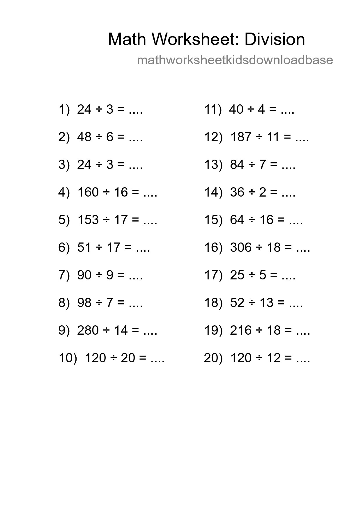 Grade 2 Division Practice Worksheet (20 Problems) - Part 235