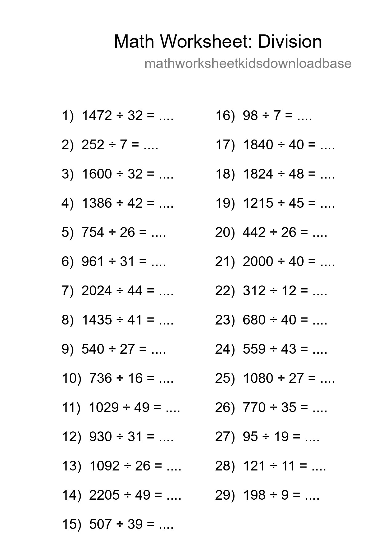 Grade 2 Division Practice Worksheet (29 Problems) - Part 125
