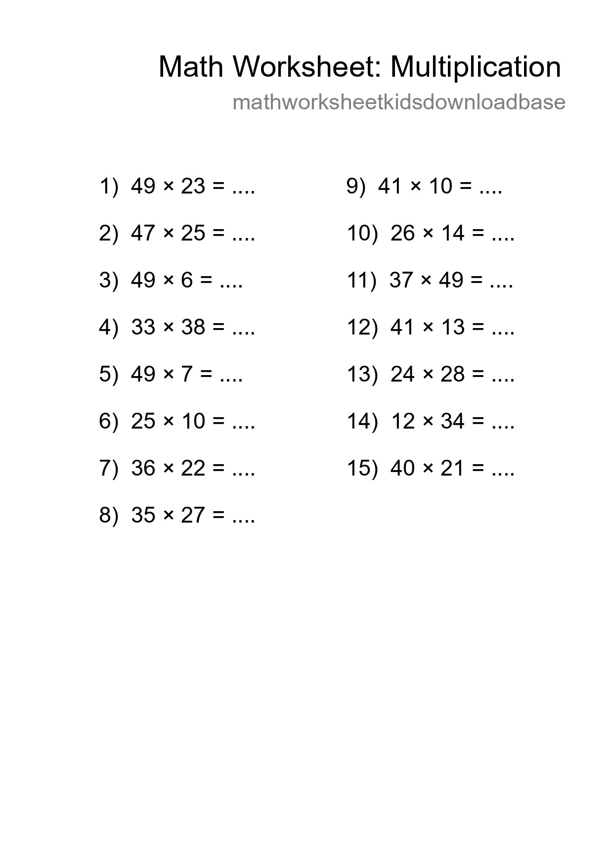 Grade 2 Multiplication Practice Worksheet (15 Problems) - Part 40