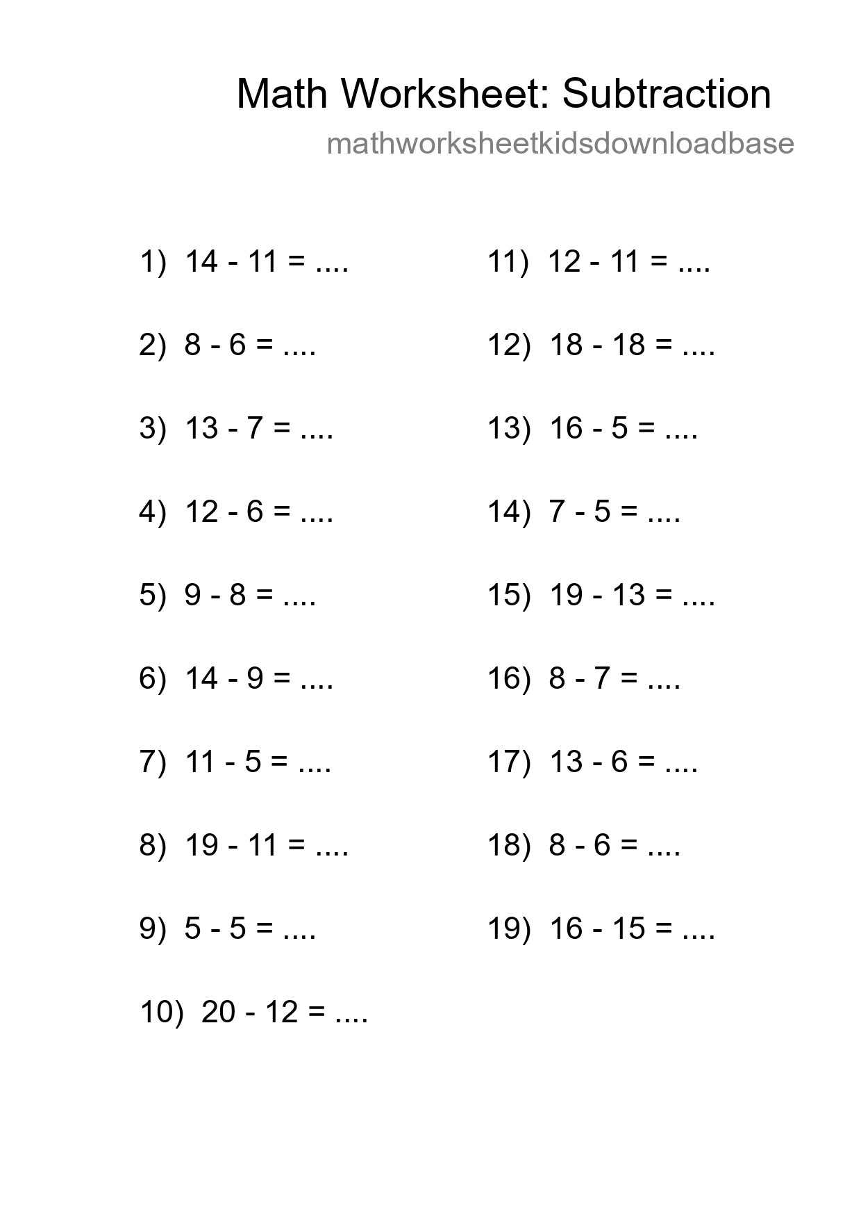 Grade 2 Subtraction Practice Worksheet (19 Problems) - Part 118