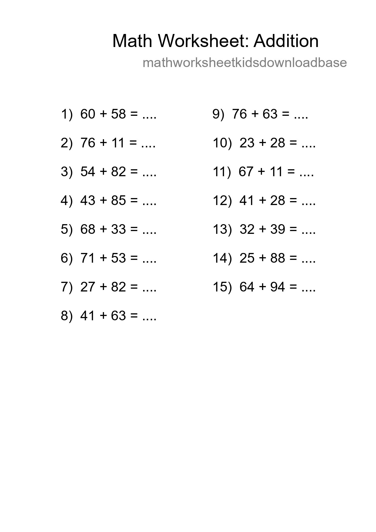 Grade 3 Addition Practice Worksheet (15 Problems) - Part 100