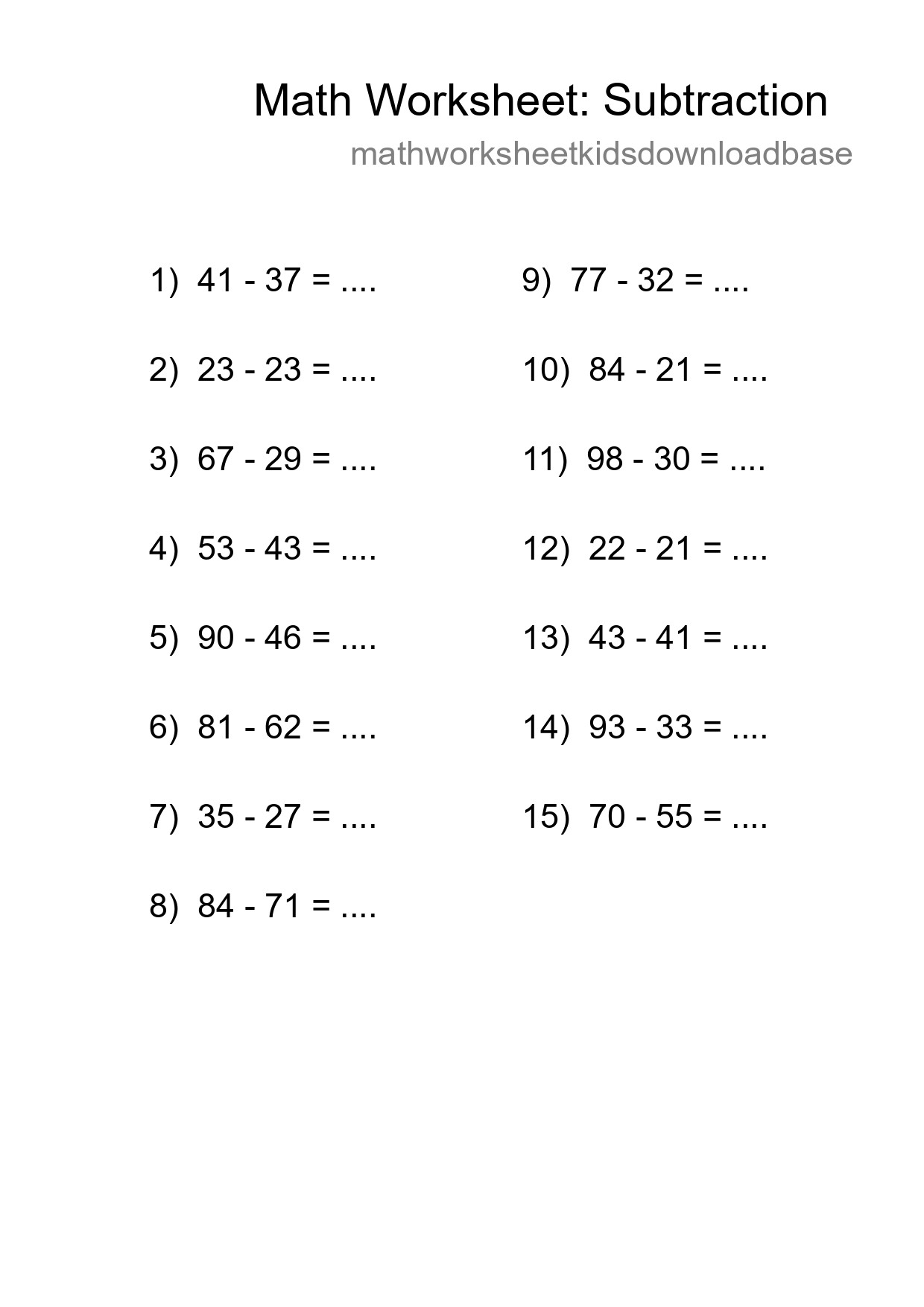Grade 3 Subtraction Practice Worksheet (15 Problems) - Part 30