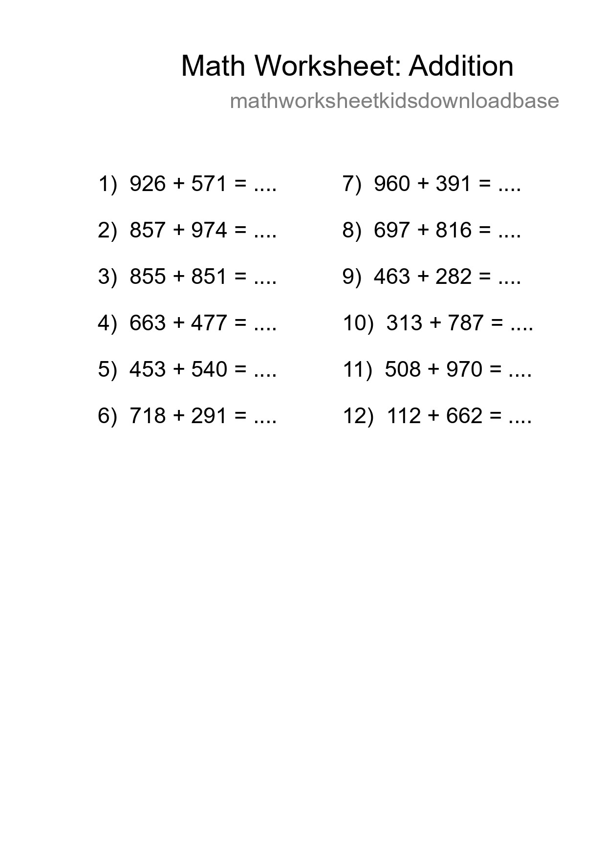 Grade 5 Addition Practice Worksheet (12 Problems)