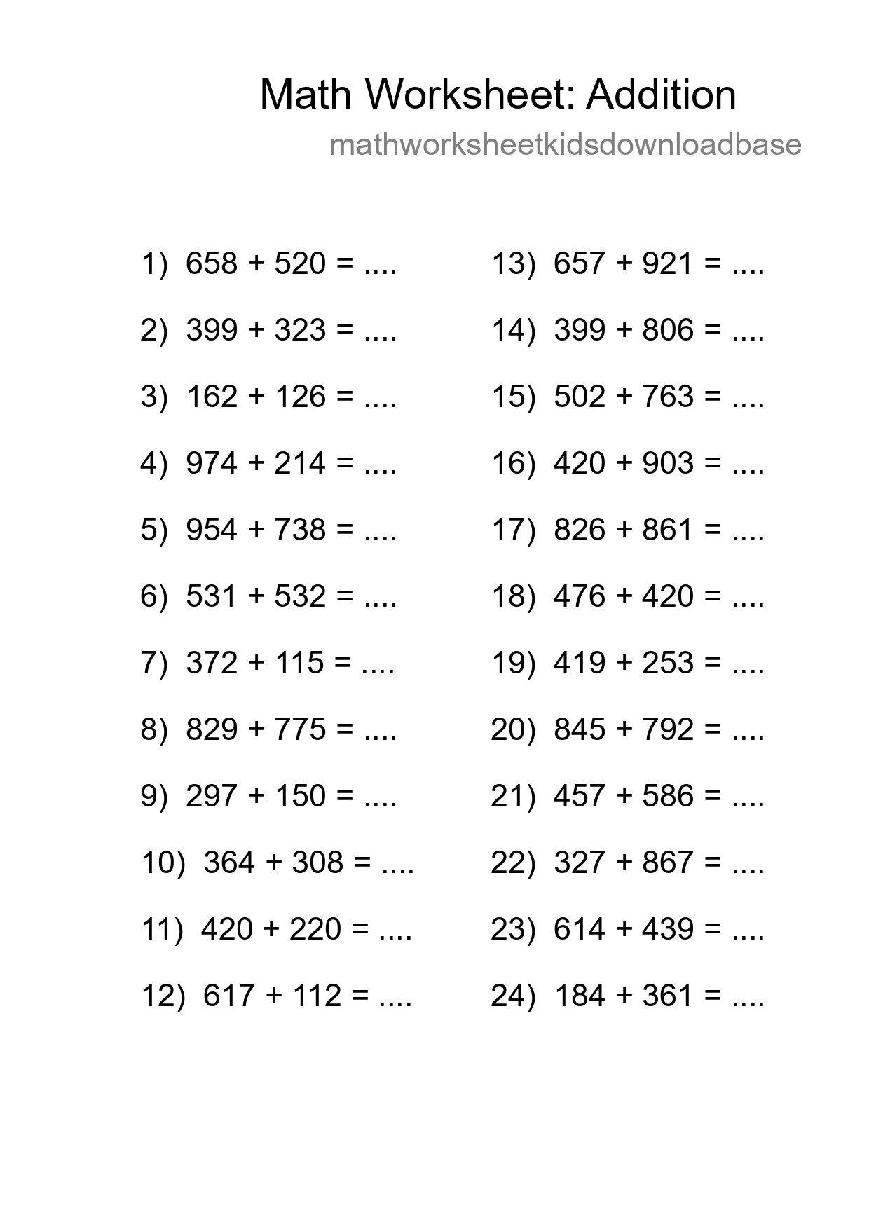 Grade 5 Addition Practice Worksheet (24 Problems) - Part 78