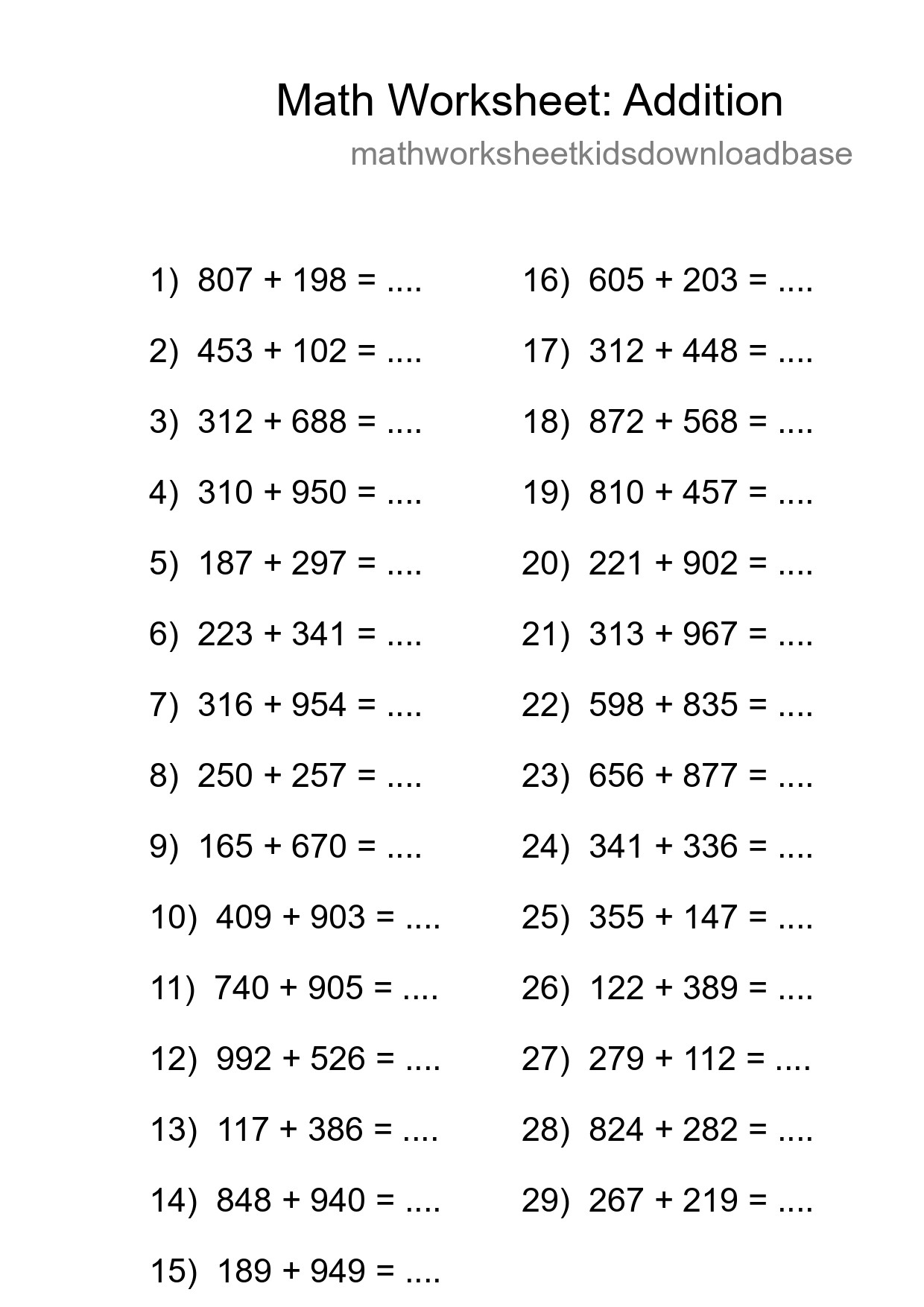 Grade 5 Addition Practice Worksheet (29 Problems) - Part 210