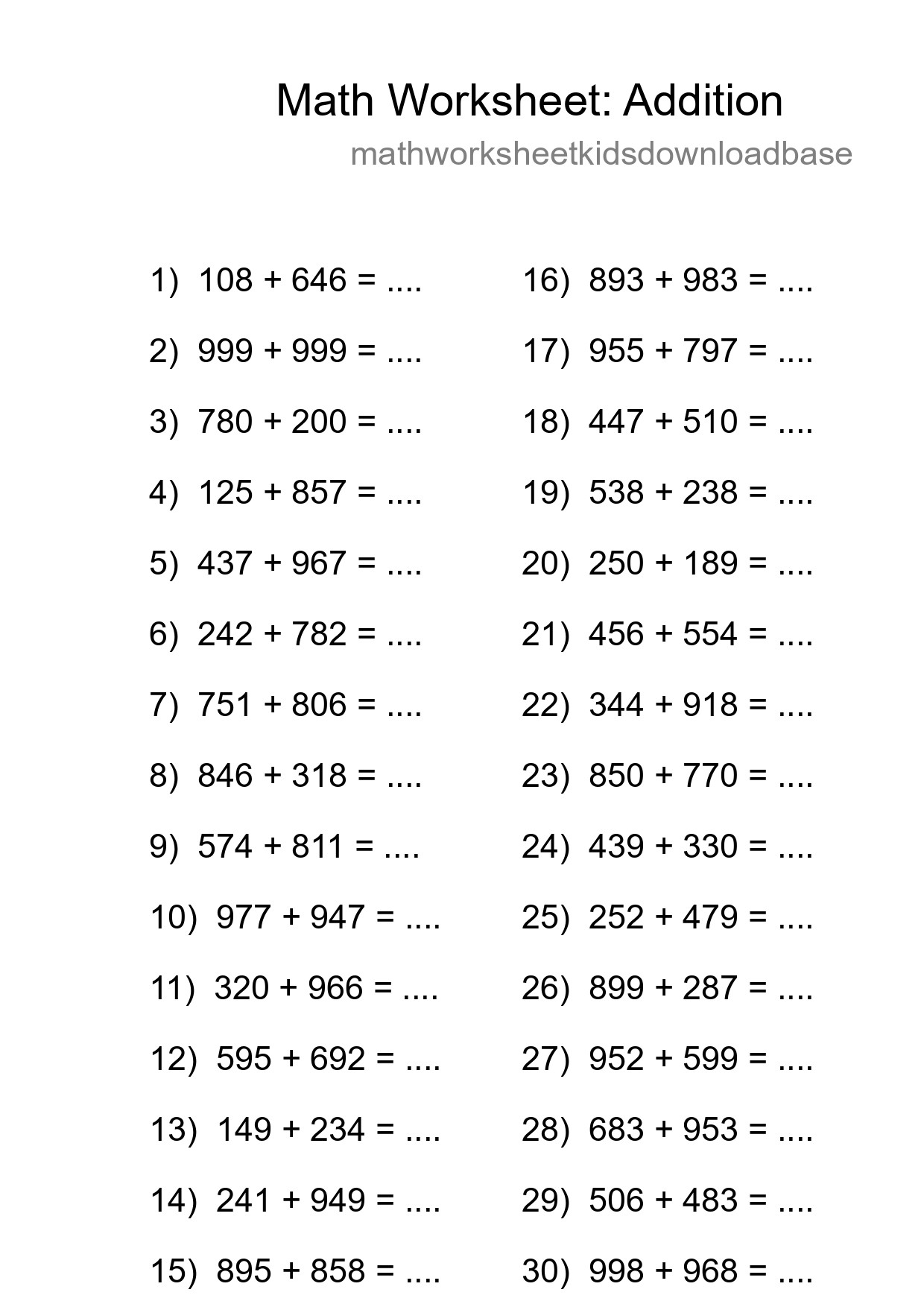 Grade 5 Addition Practice Worksheet (30 Problems) - Part 111