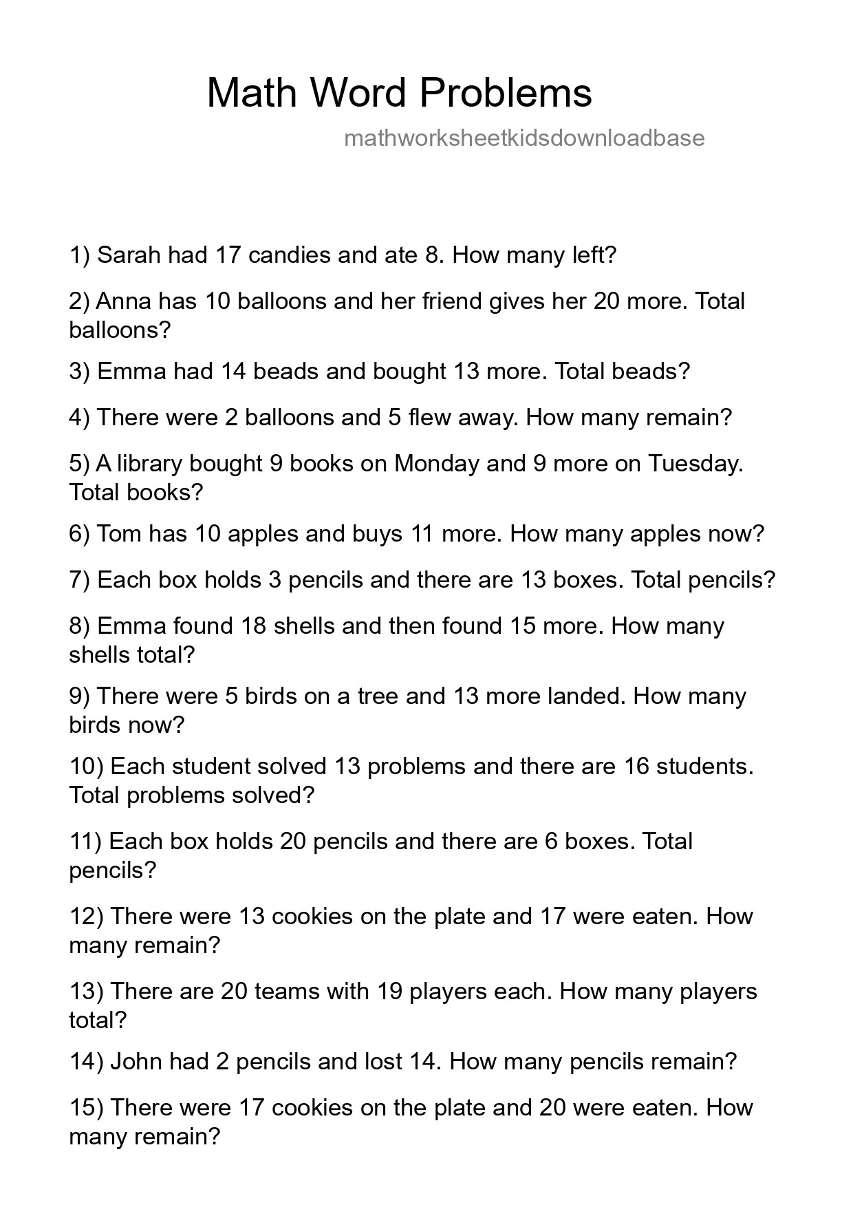 Math Word Problem Worksheet