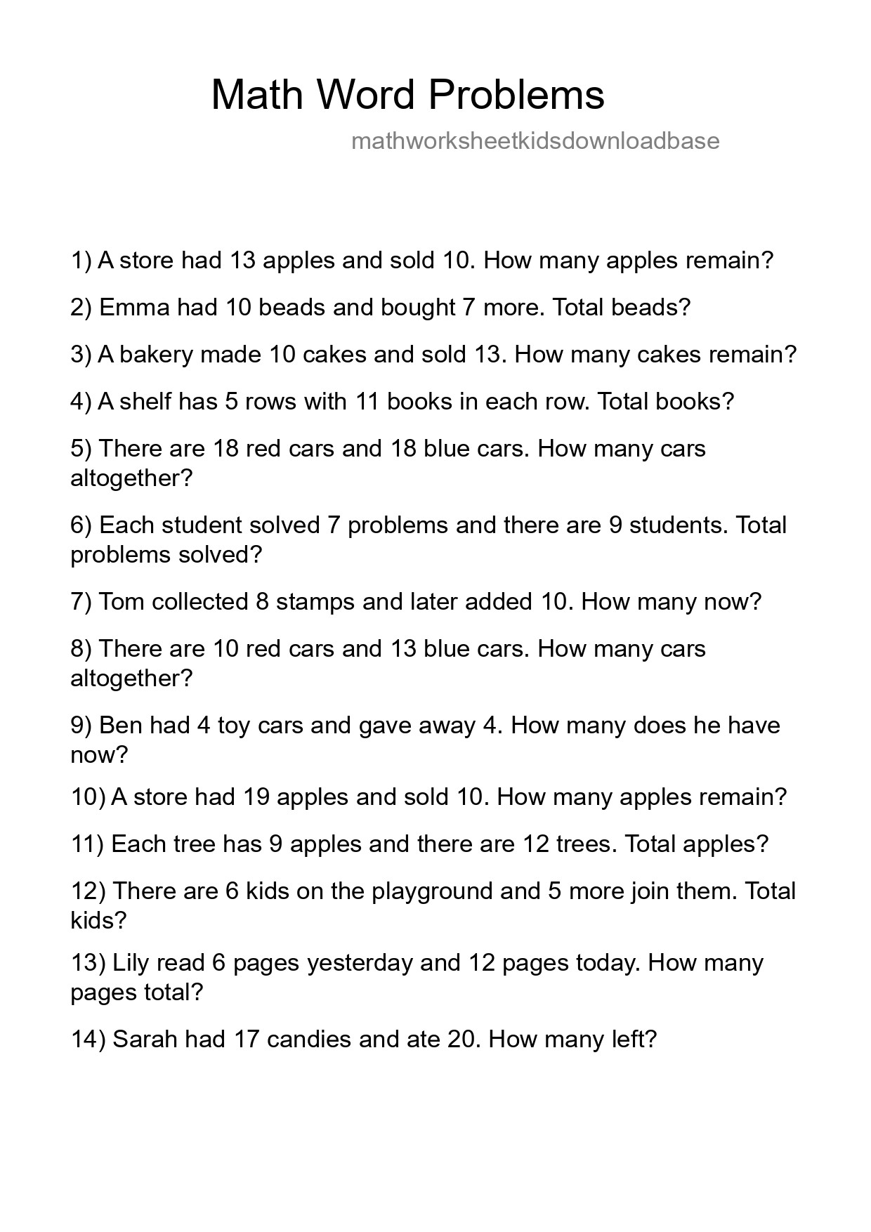 Math Word Problem Worksheet