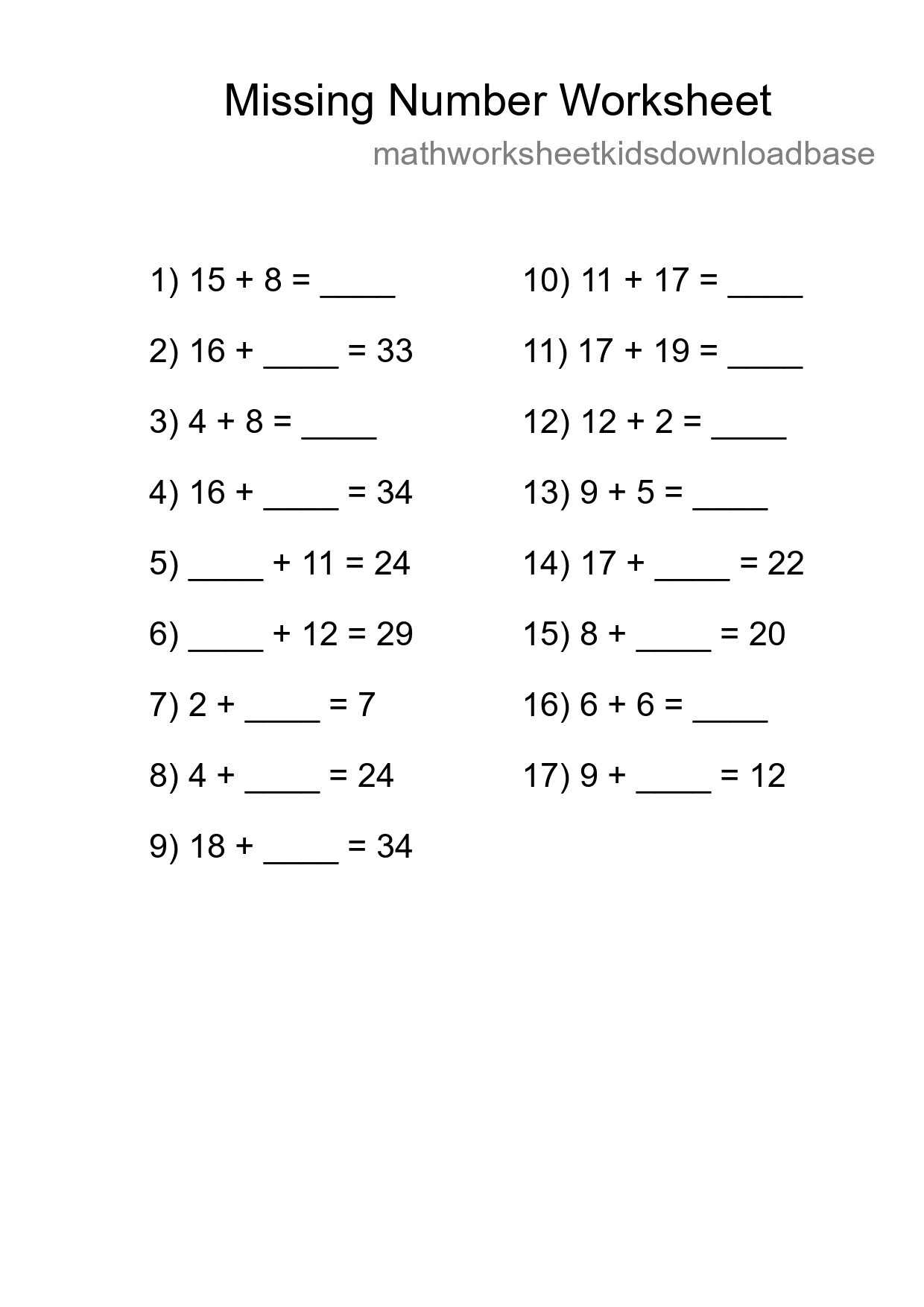 Missing Number Math Worksheet