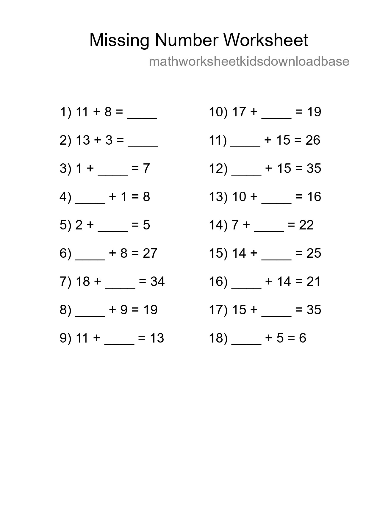Missing Number Math Worksheet