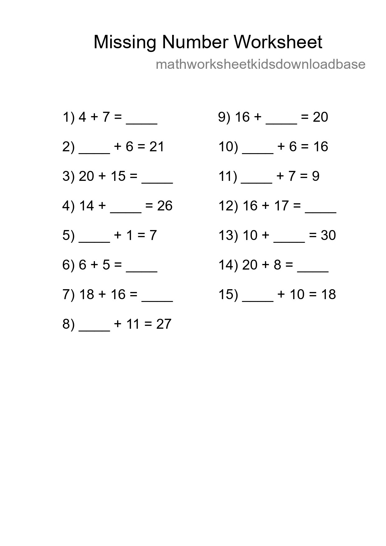 Missing Number Math Worksheet