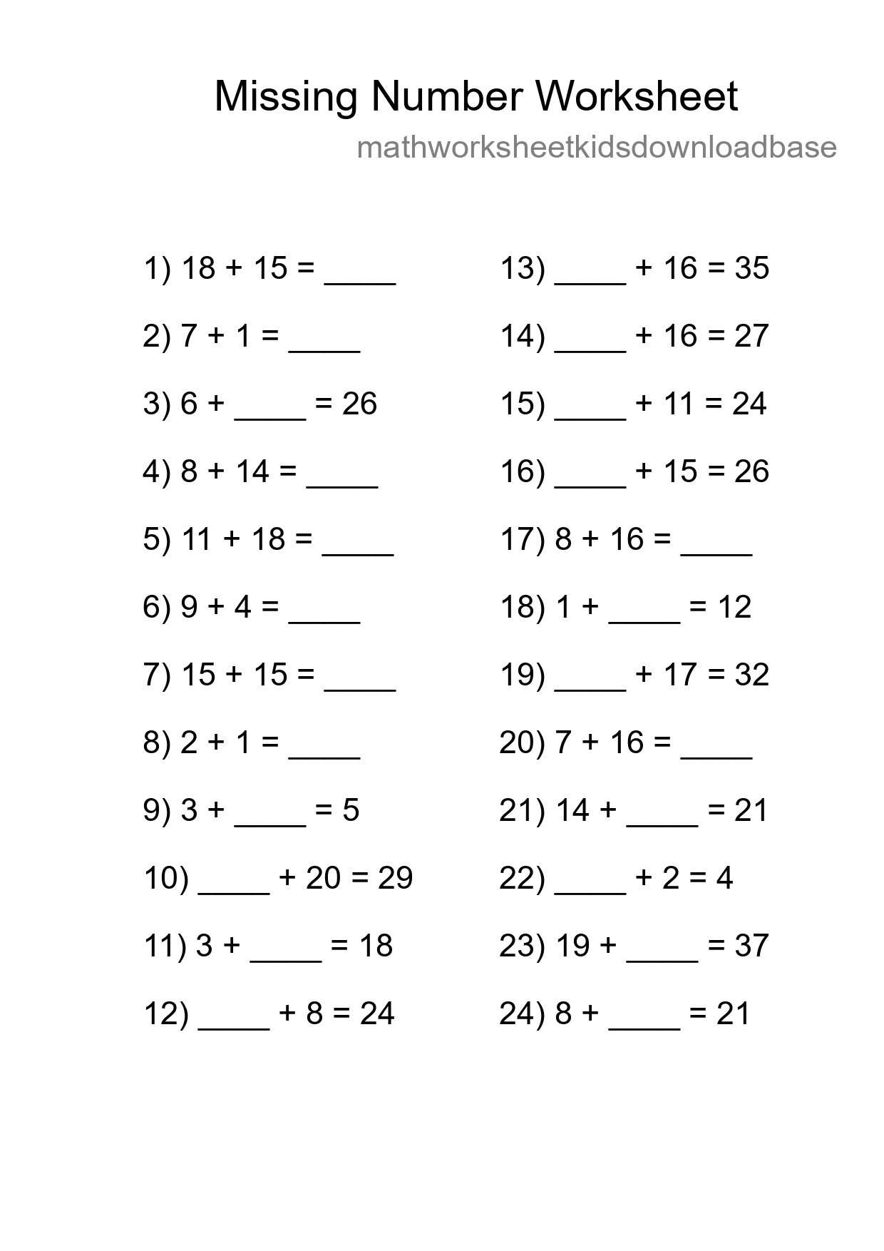 Missing Number Math Worksheet