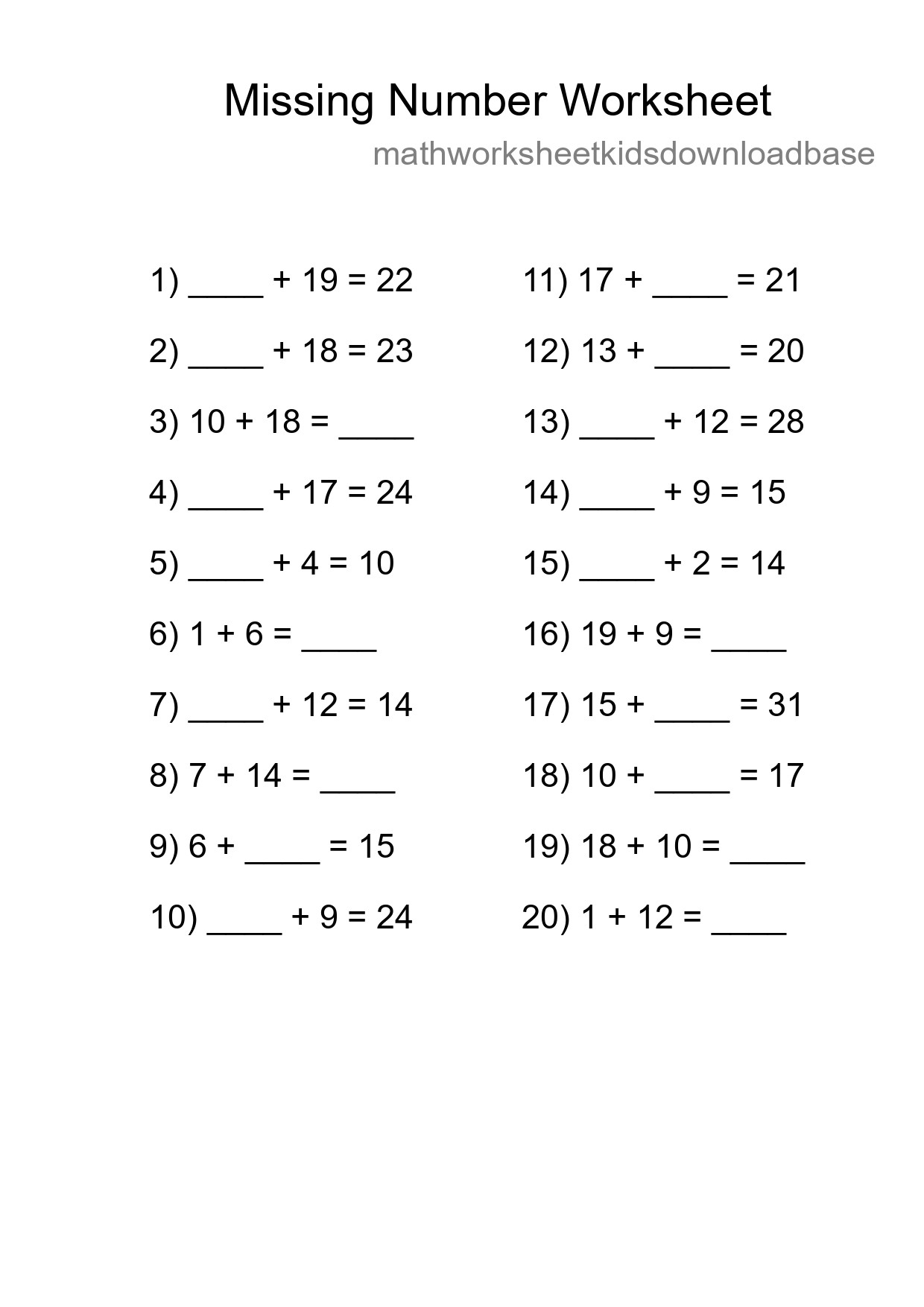 Missing Number Math Worksheet