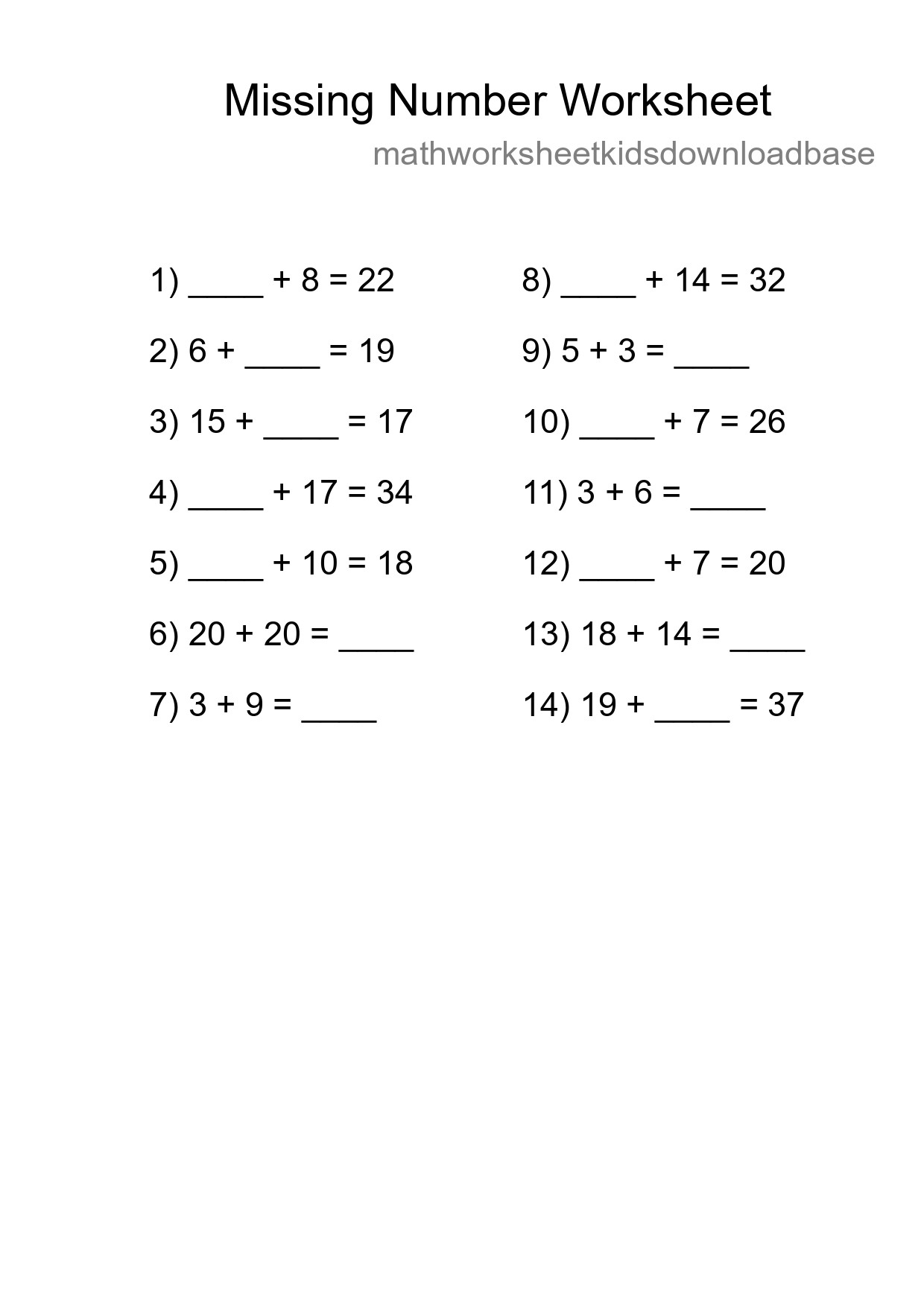 Missing Number Math Worksheet