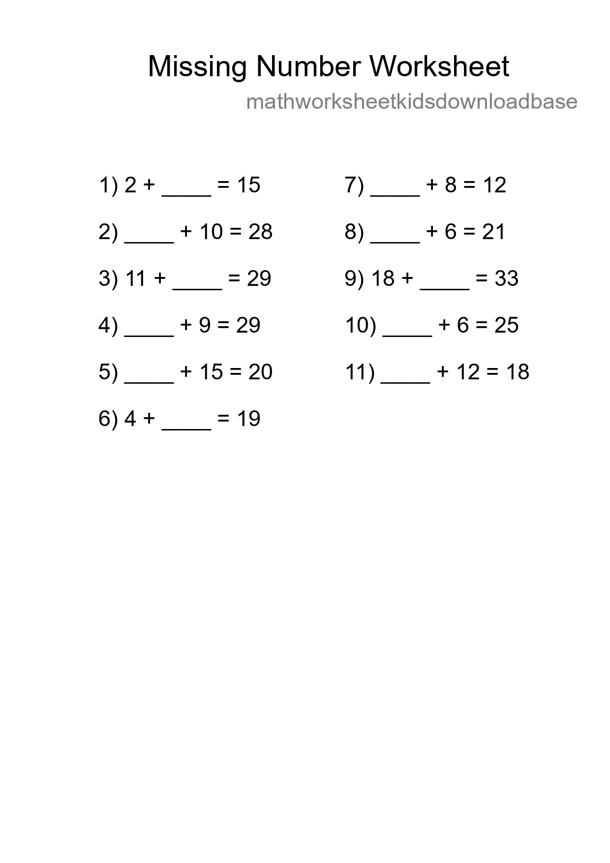 Missing Number Math Worksheet