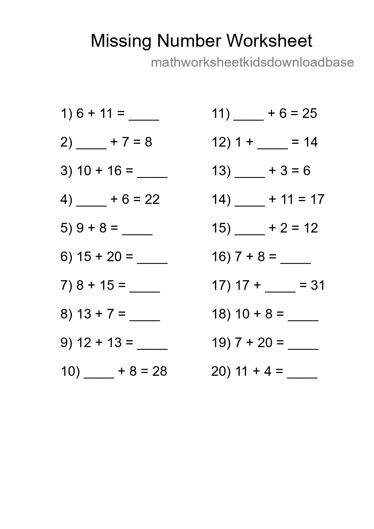 Missing Number Math Worksheet