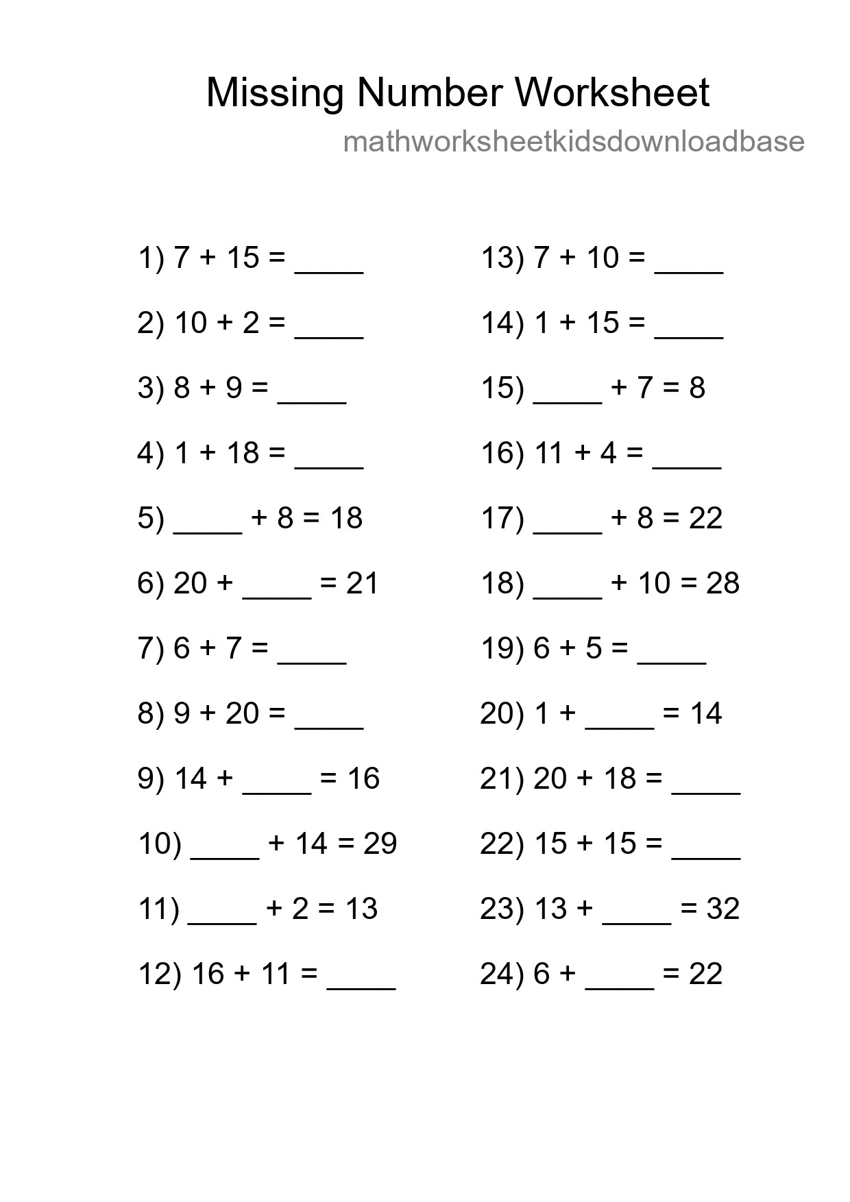 Missing Number Math Worksheet