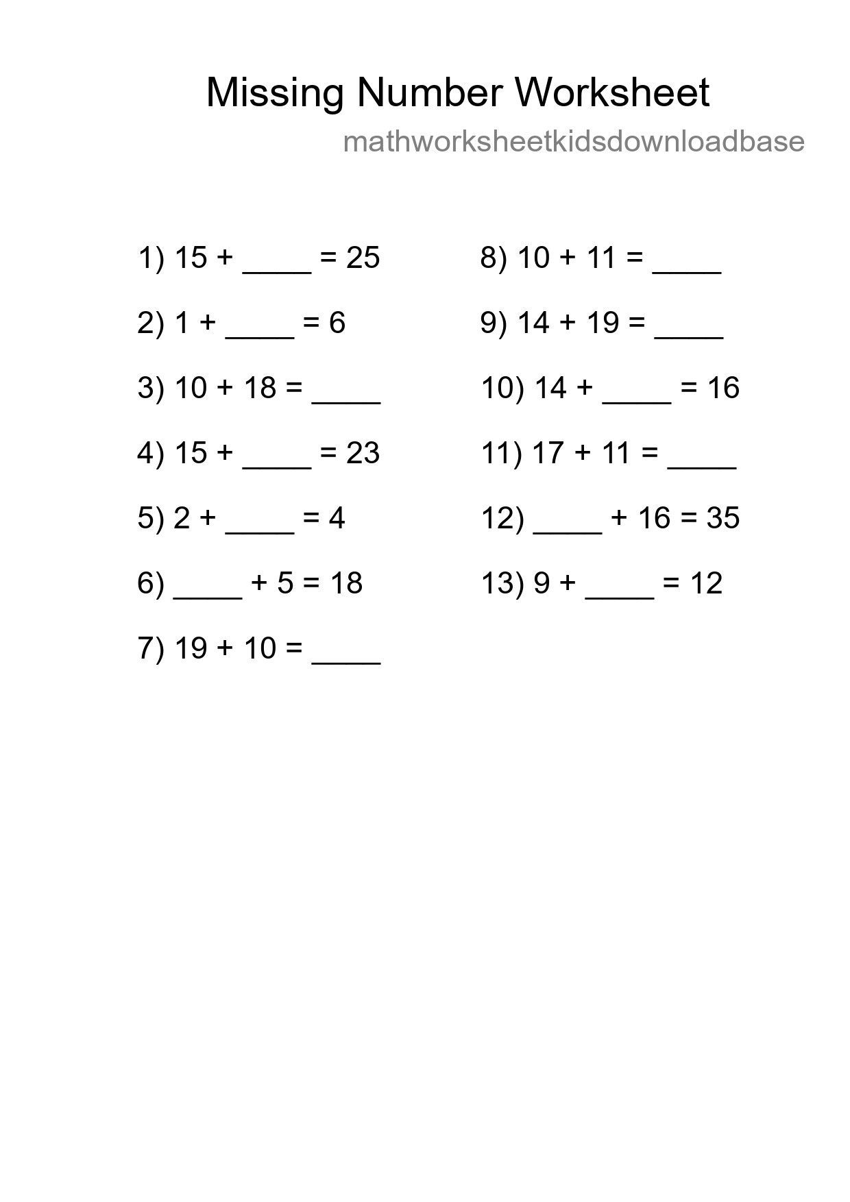 Missing Number Math Worksheet