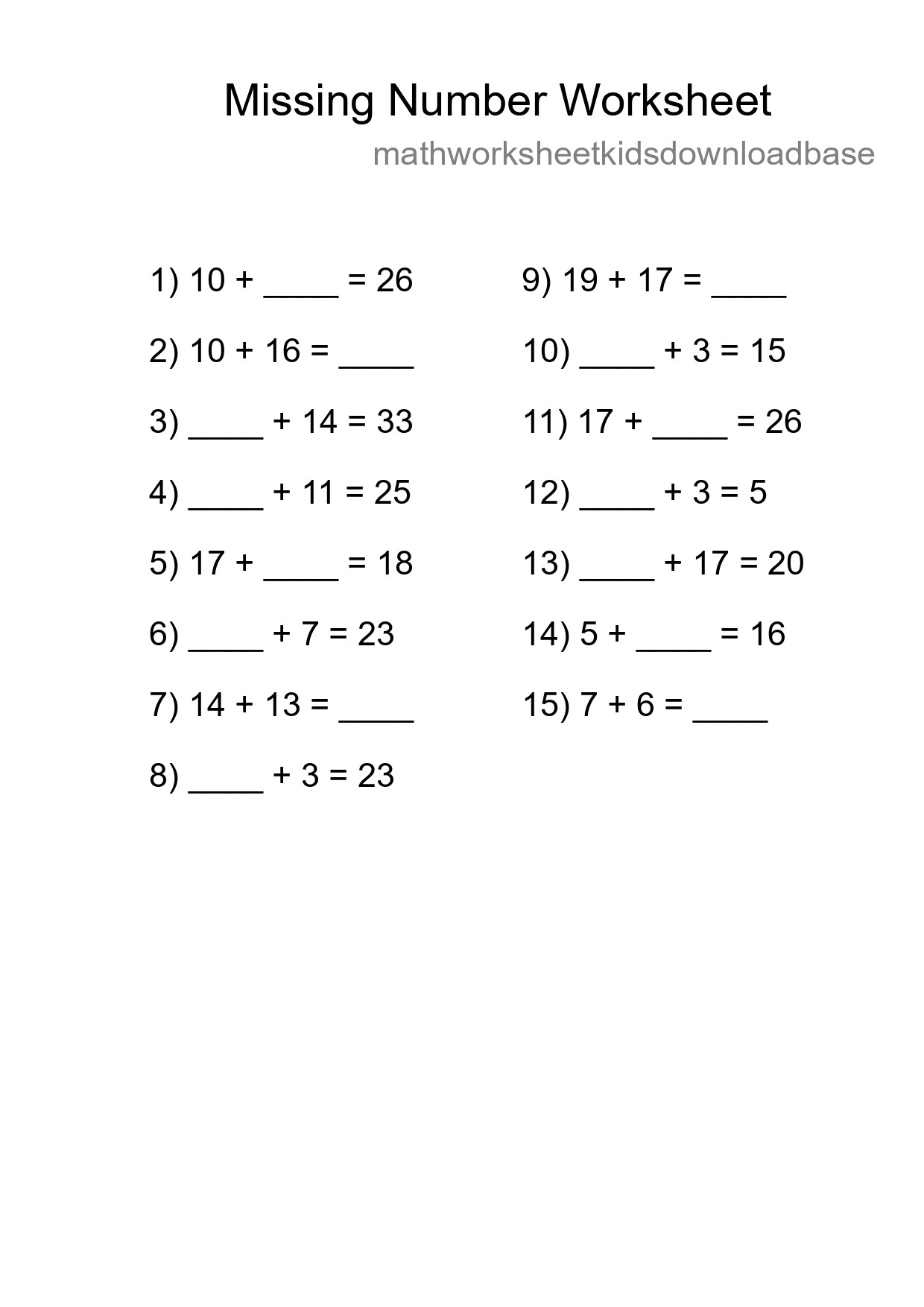 Missing Number Math Worksheet