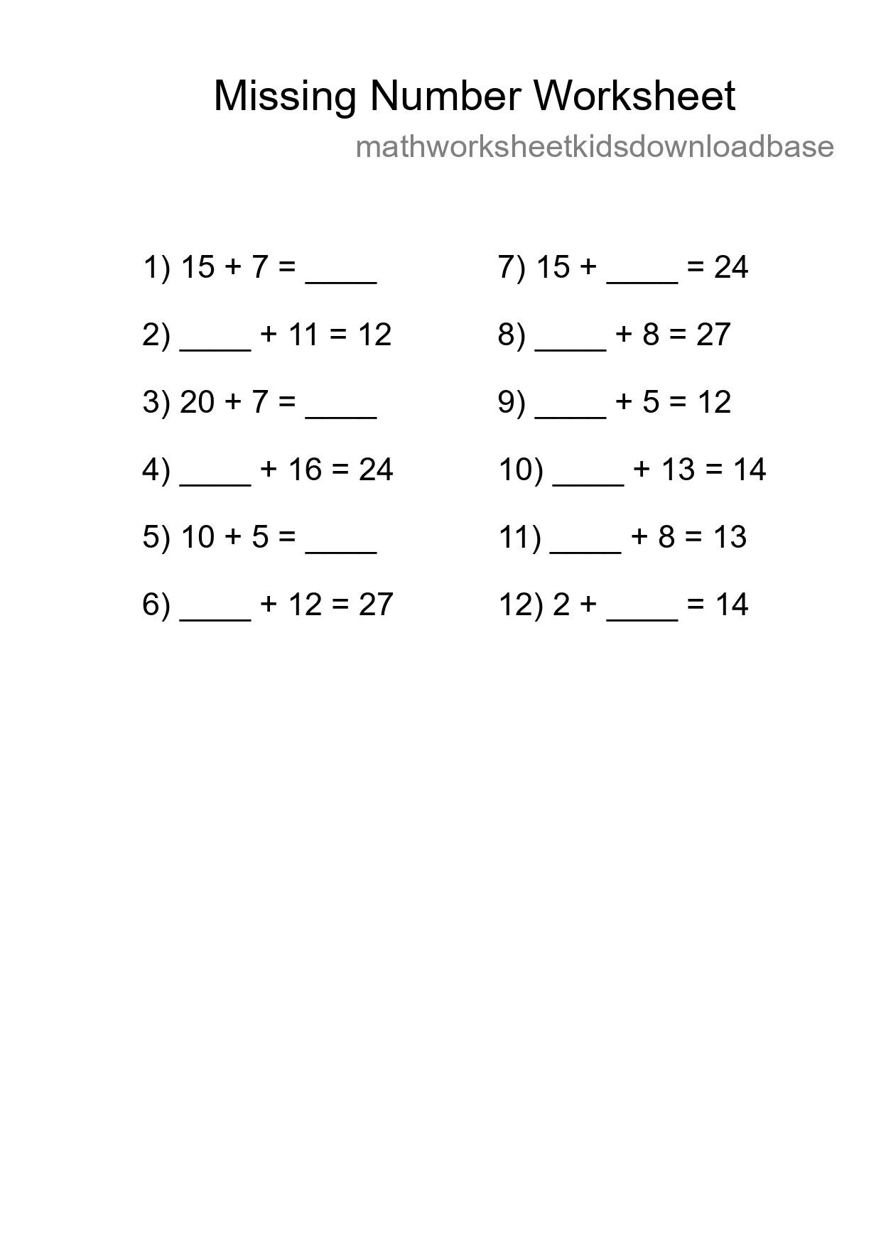 Missing Number Math Worksheet
