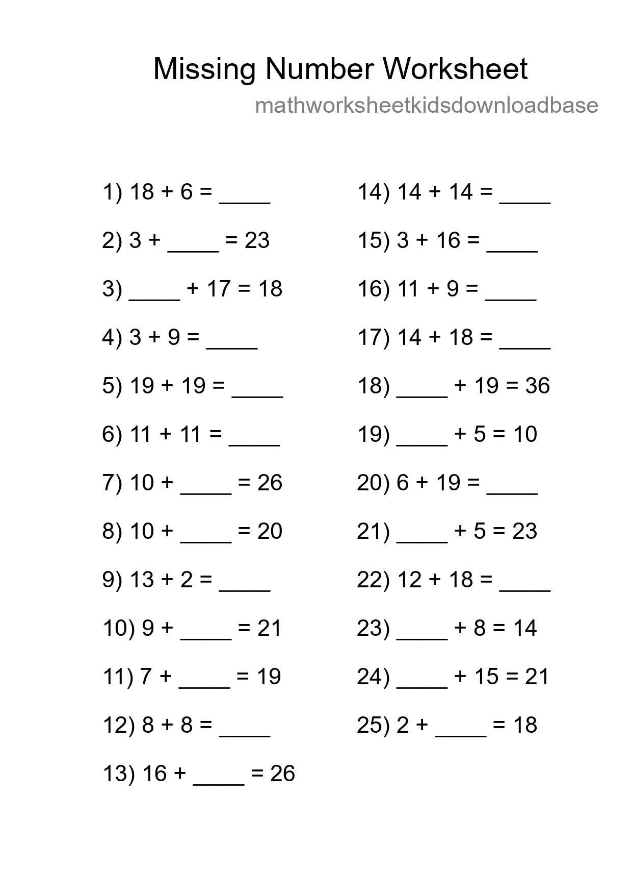 Missing Number Math Worksheet