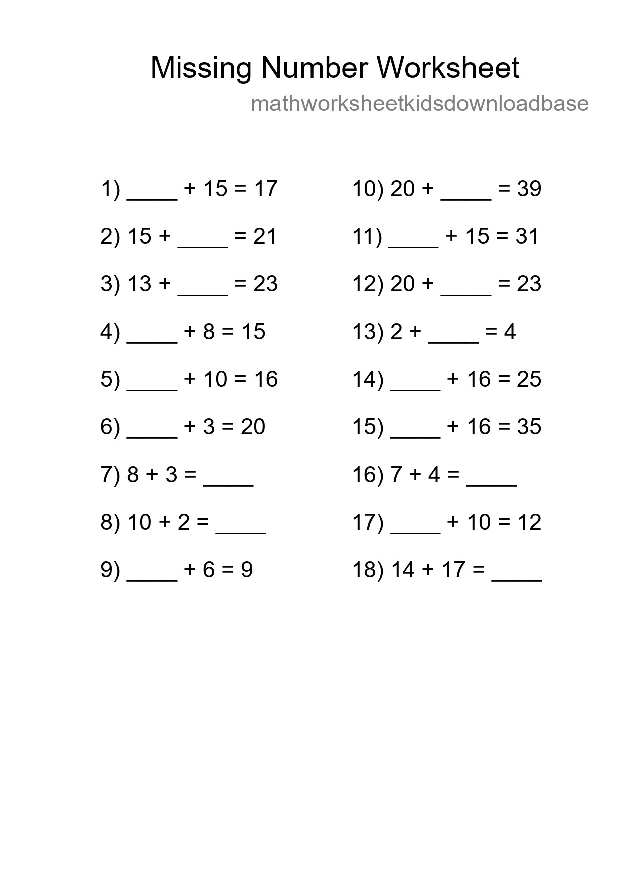 Missing Number Math Worksheet