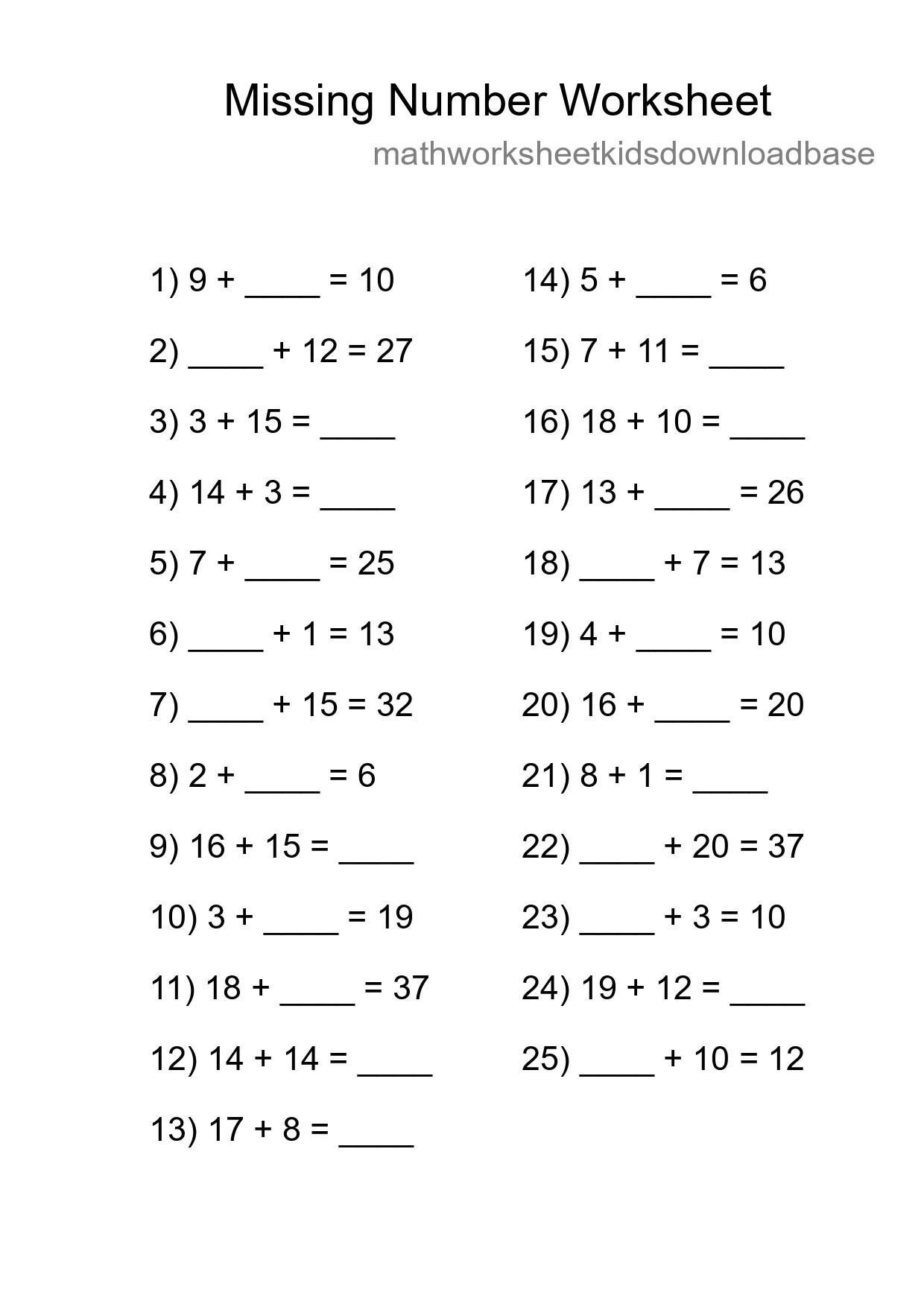 Missing Number Math Worksheet