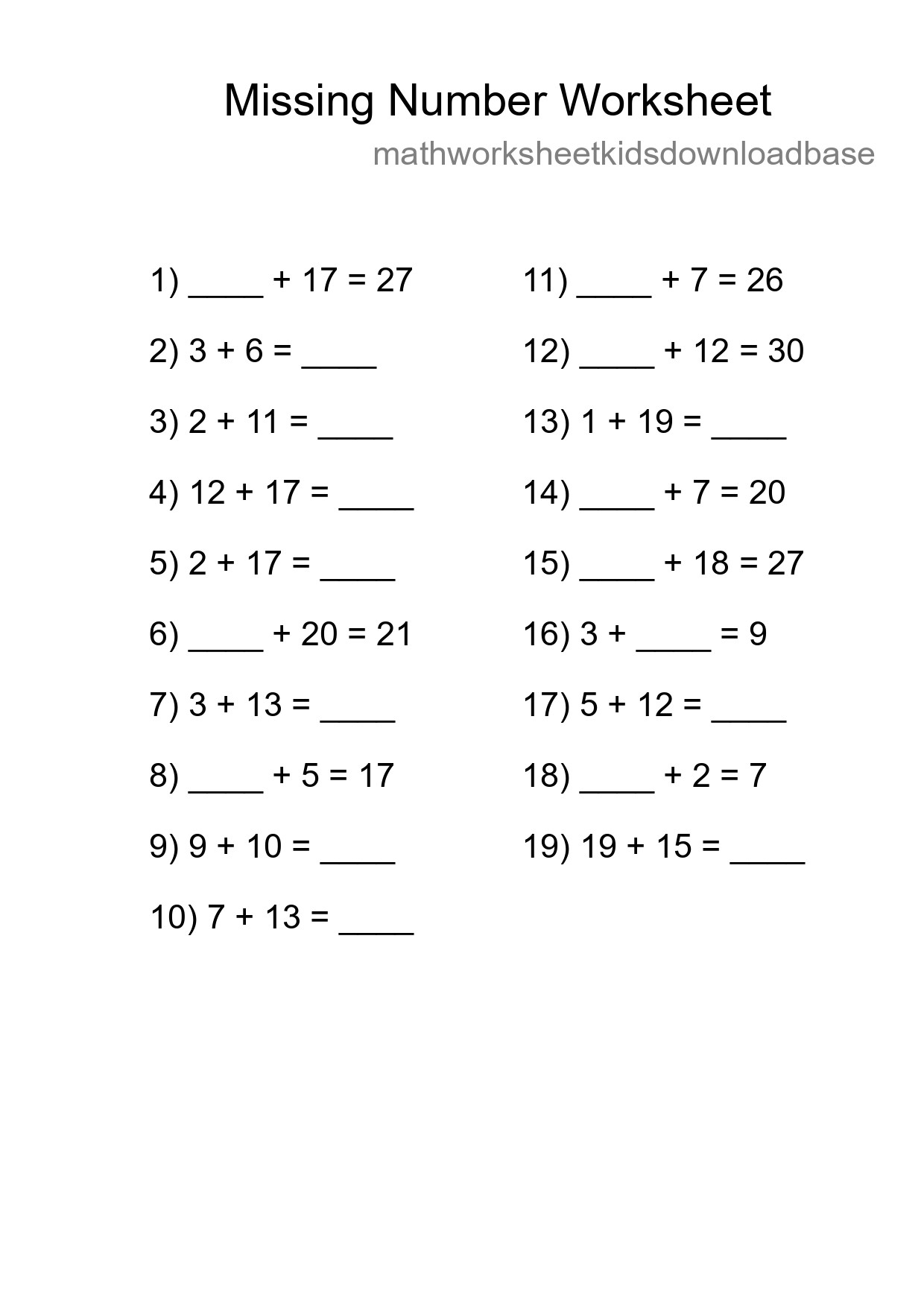 Missing Number Math Worksheet