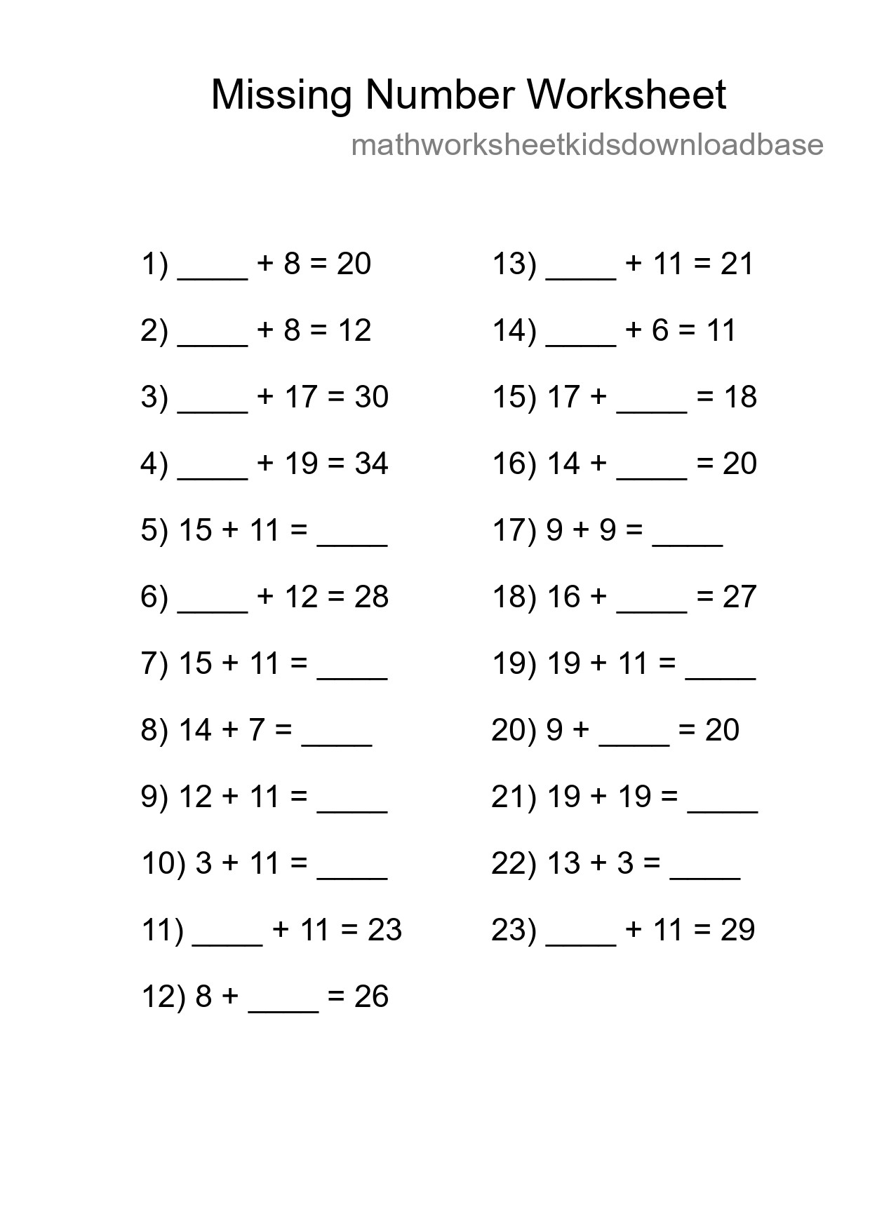 Missing Number Math Worksheet