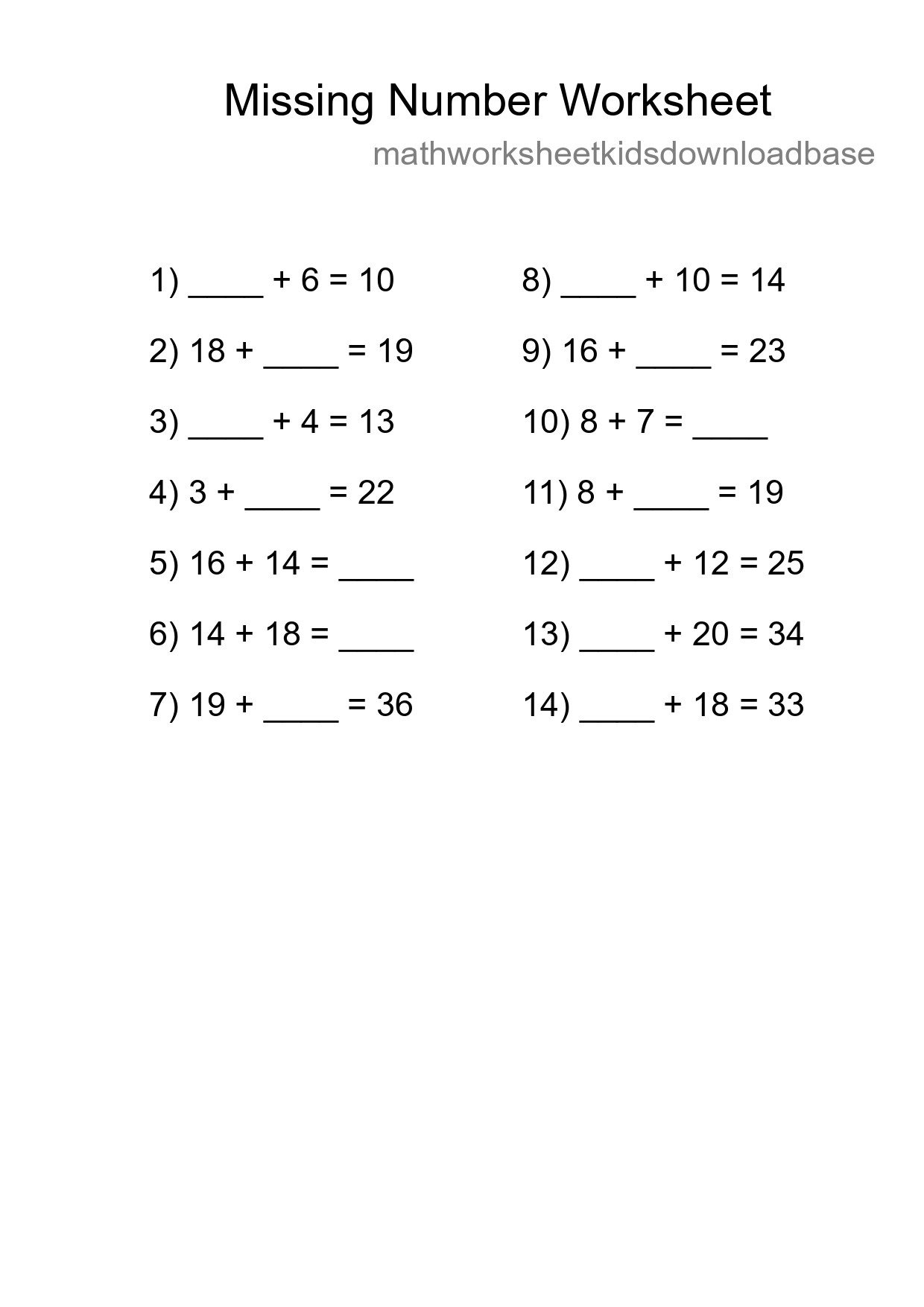Missing Number Math Worksheet