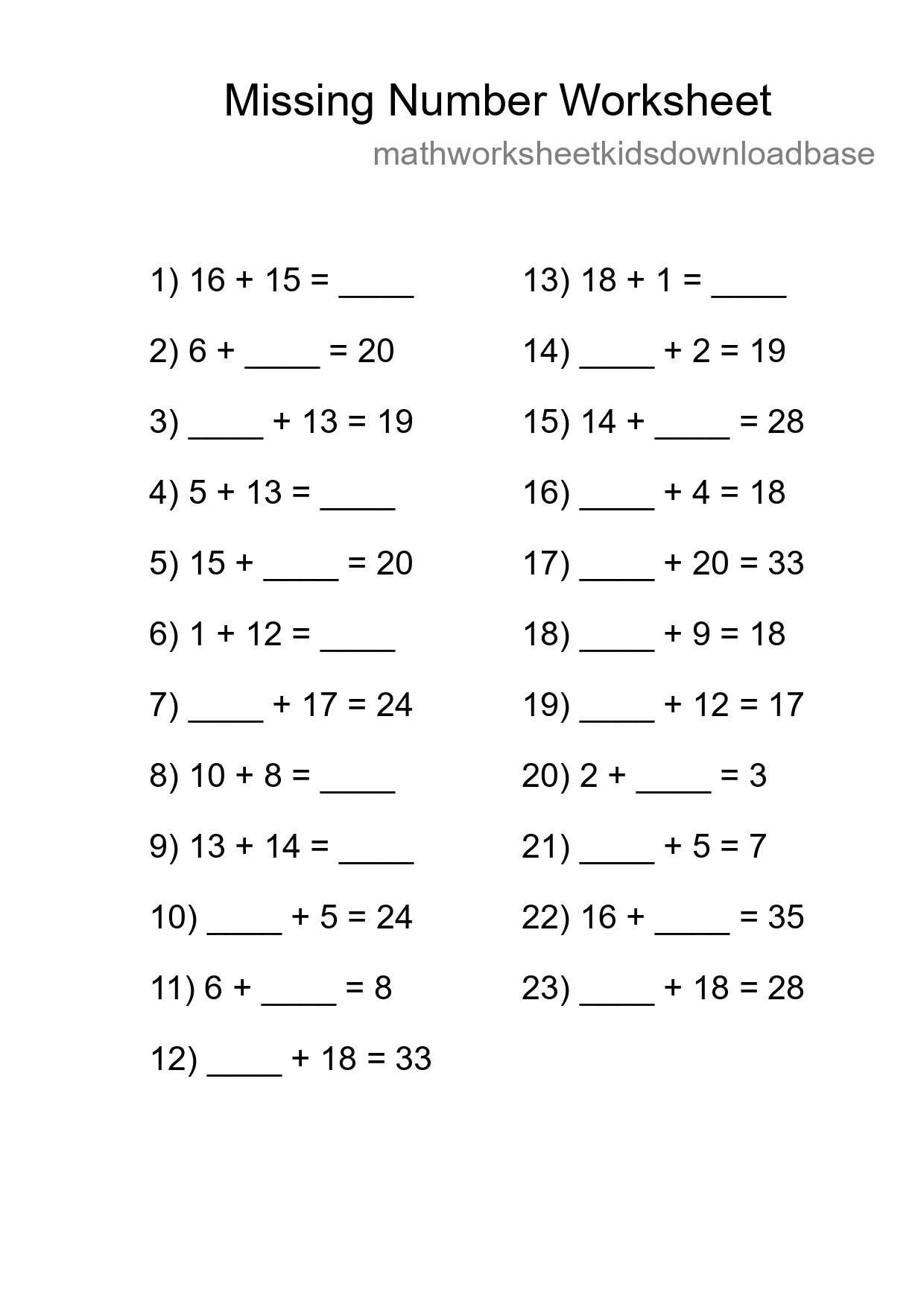 Missing Number Math Worksheet