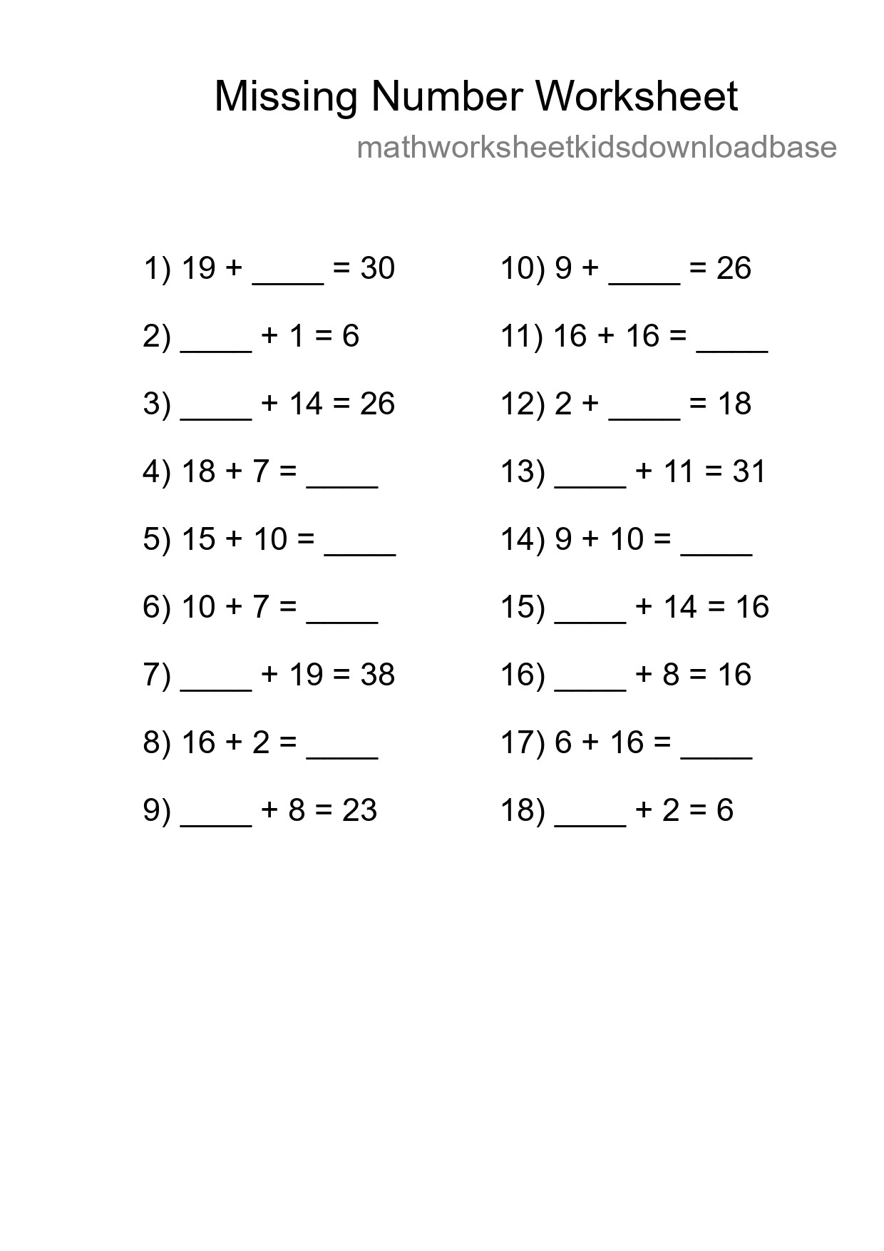 Missing Number Math Worksheet