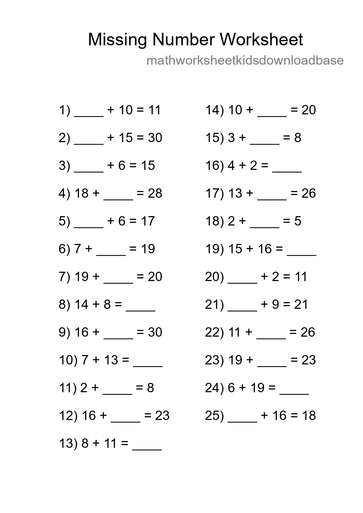 Missing Number Math Worksheet