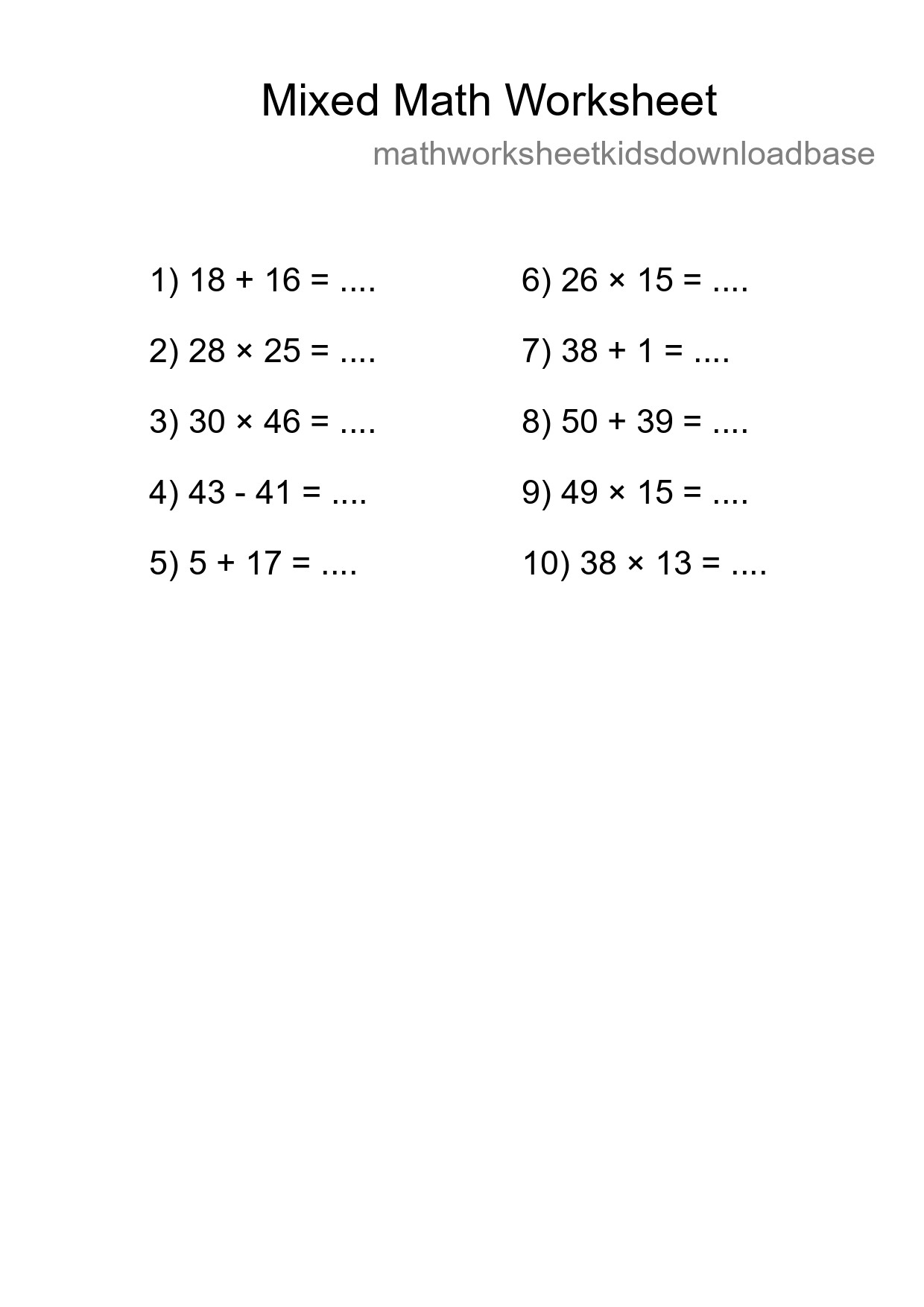 Mixed Operations Math Worksheet