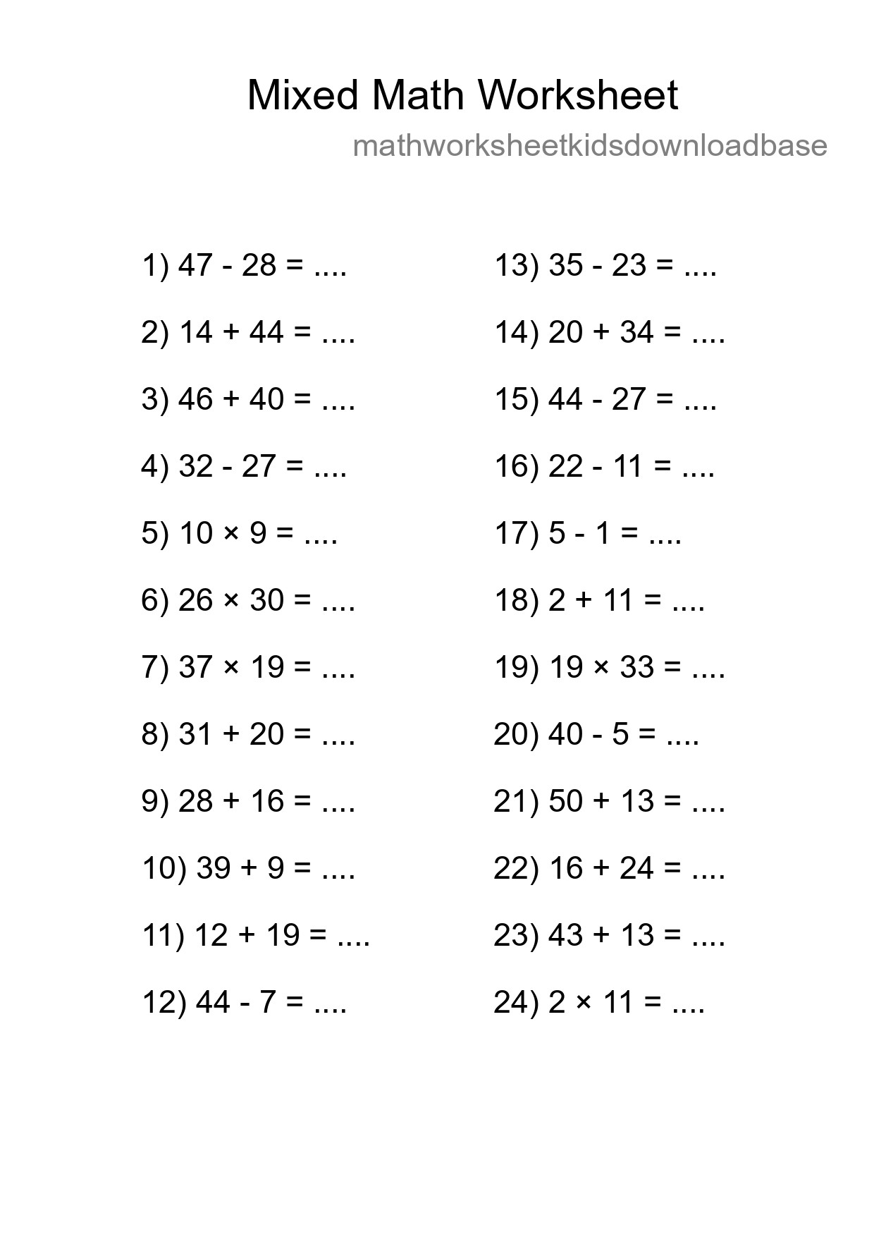 Mixed Operations Math Worksheet